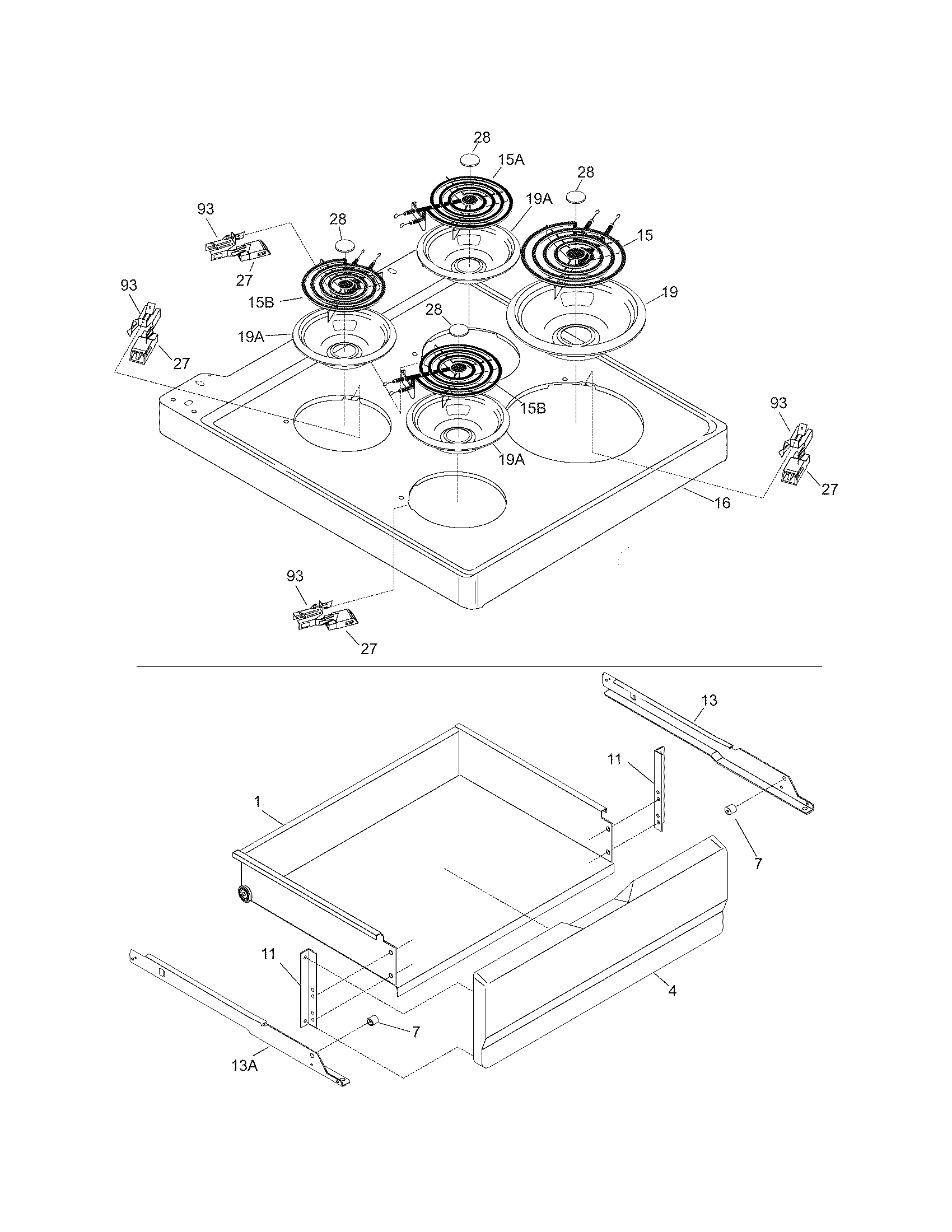Universal/Multiflex (Frigidaire) CMEF212EB3 top/drawer diagram
