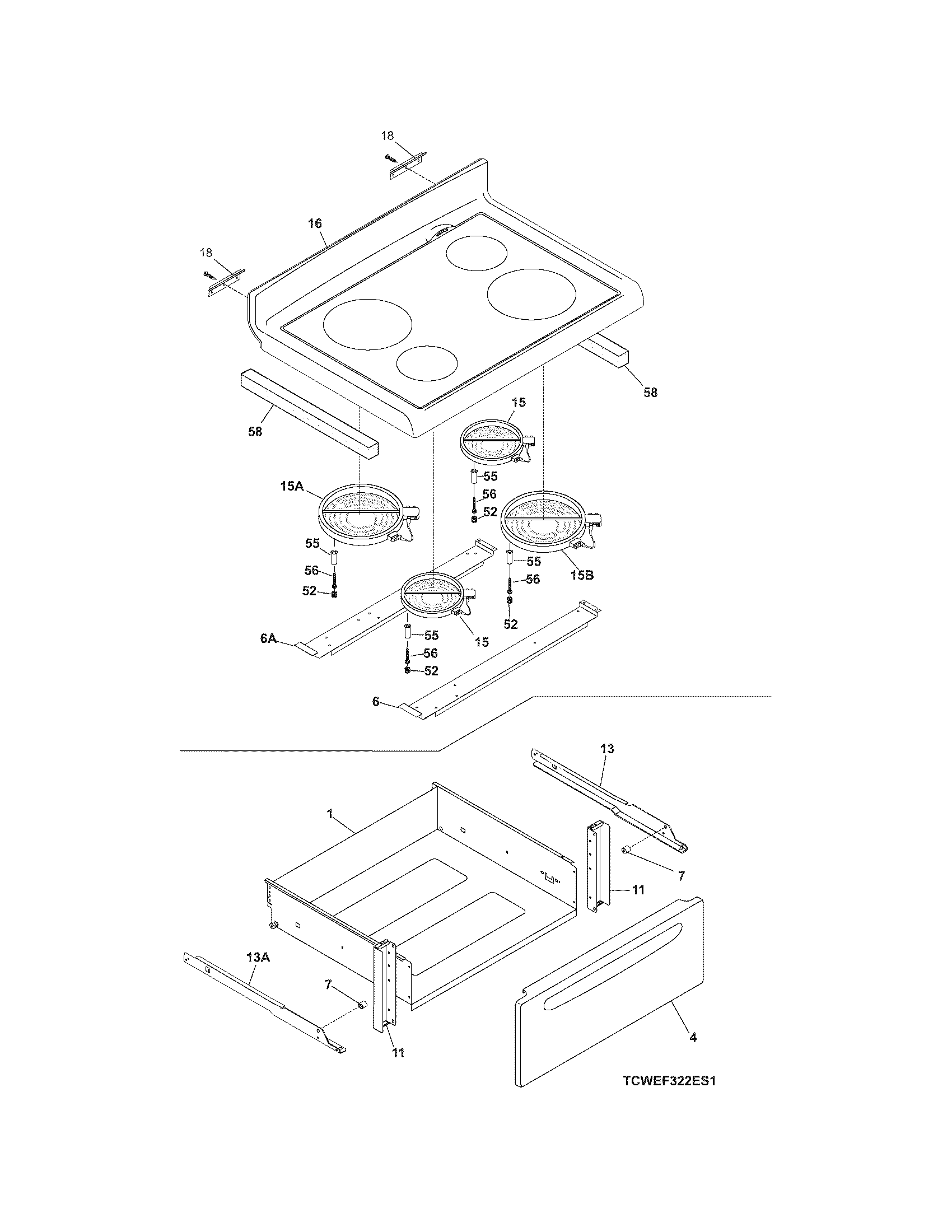 Frigidaire CFEF370GS1 top/drawer diagram