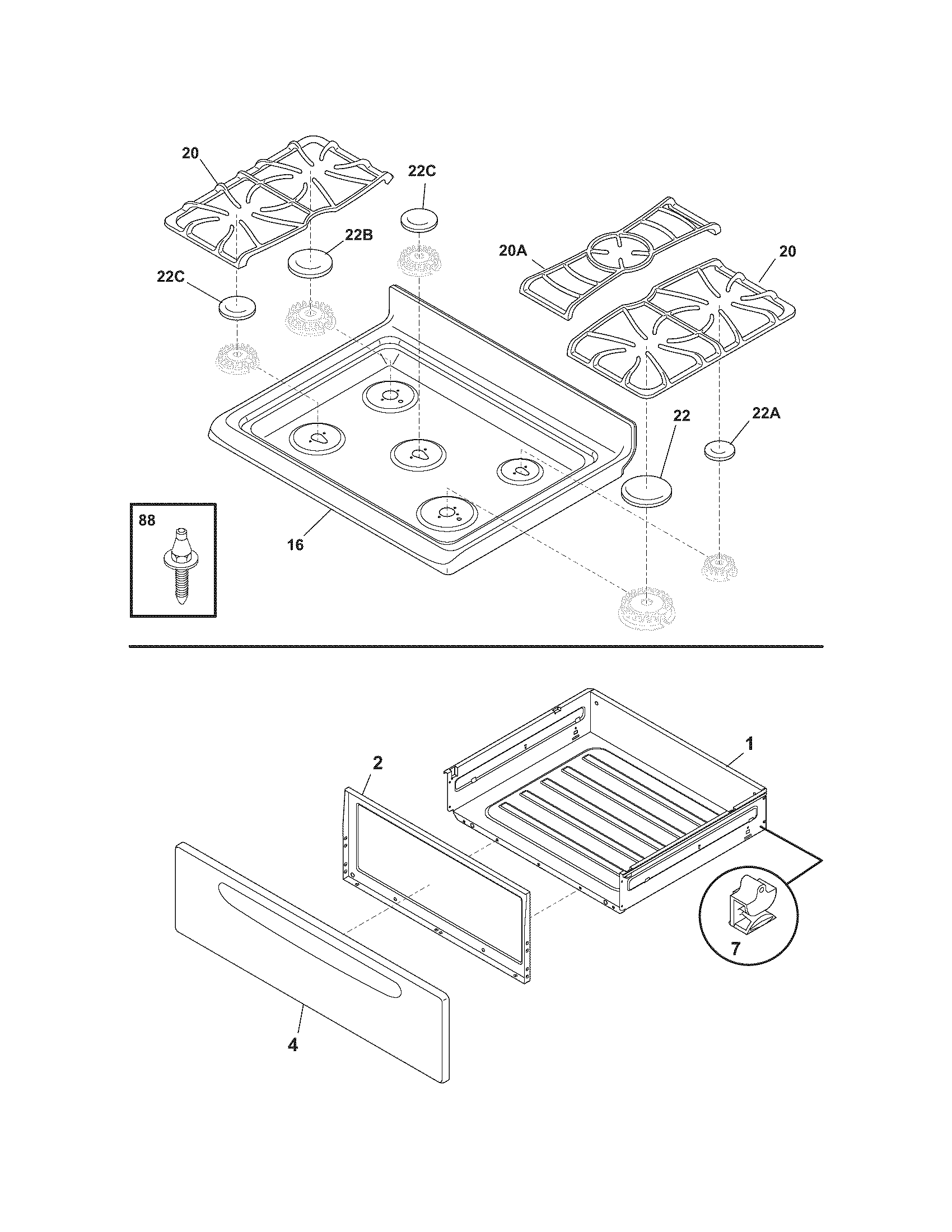 Frigidaire GLGF388DQG top/drawer diagram