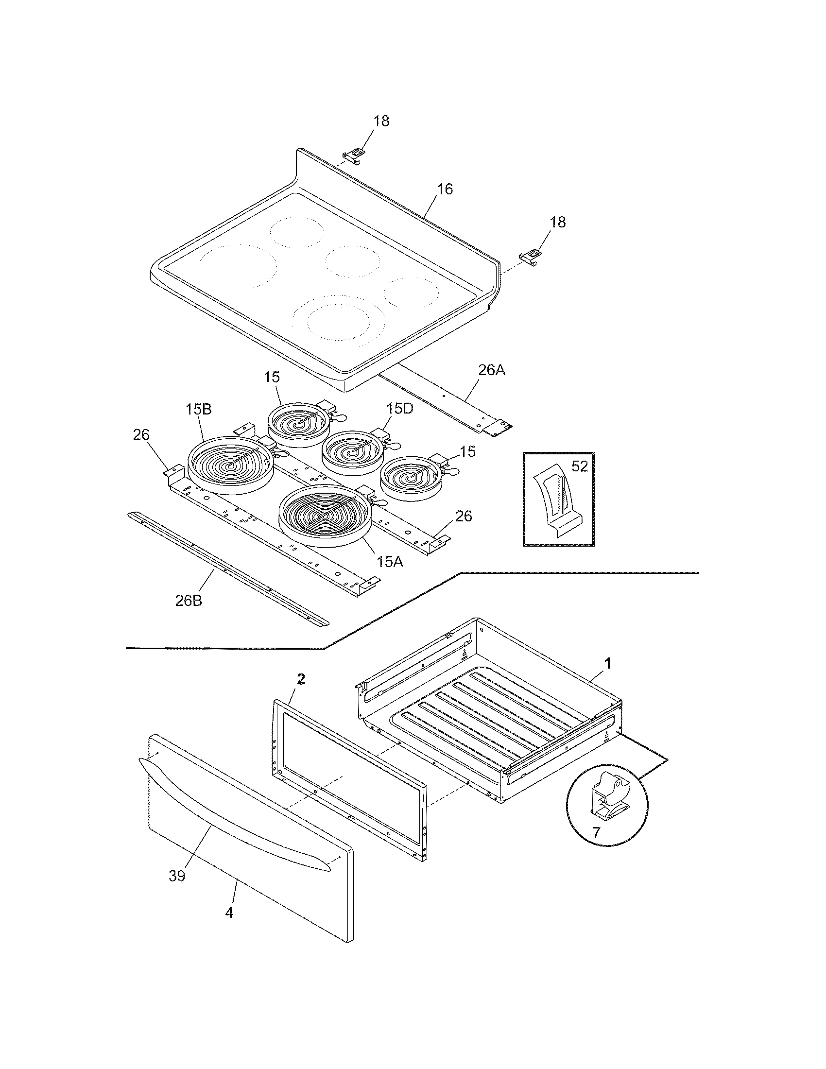 Frigidaire FEFL79GCA top/drawer diagram