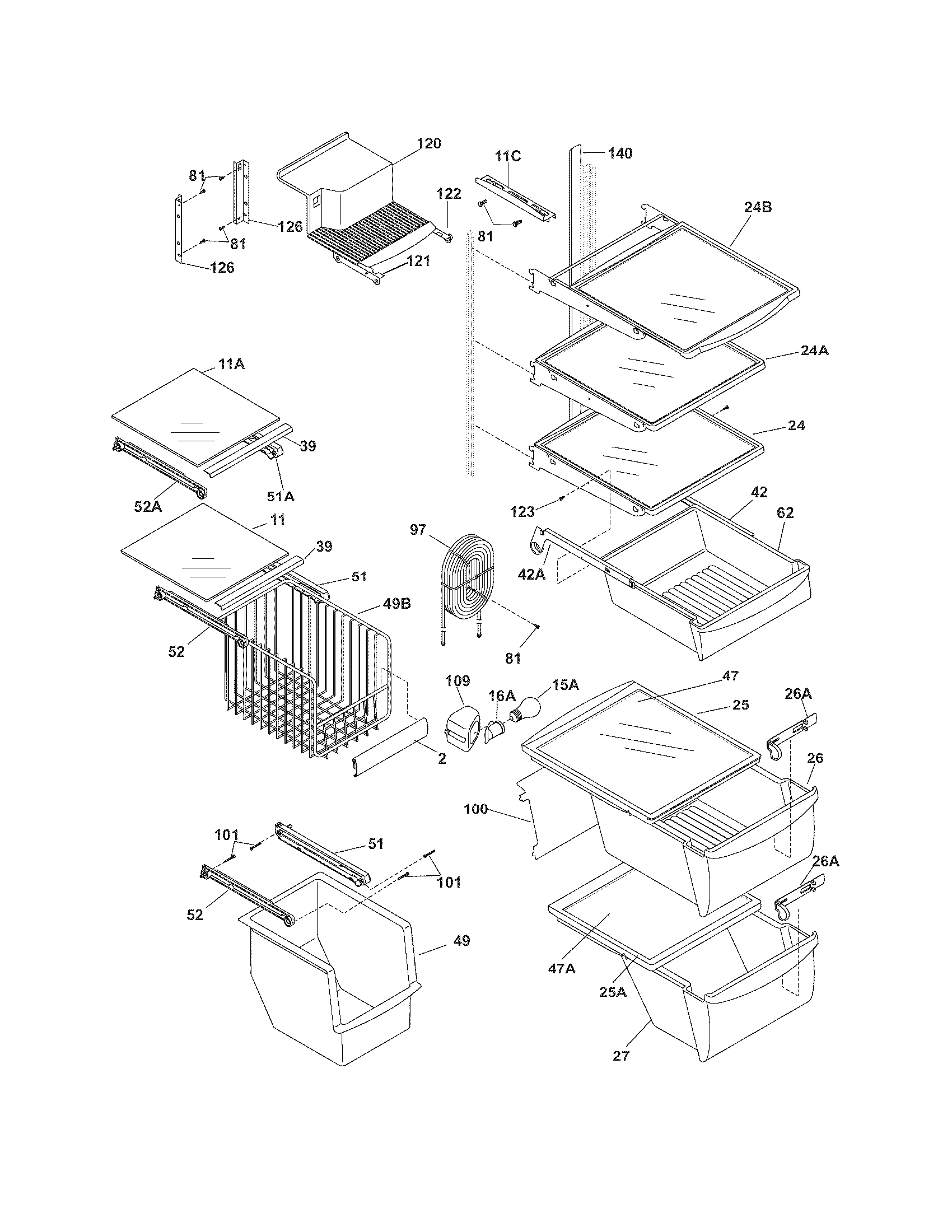Frigidaire GLRS267MDW1 shelves diagram