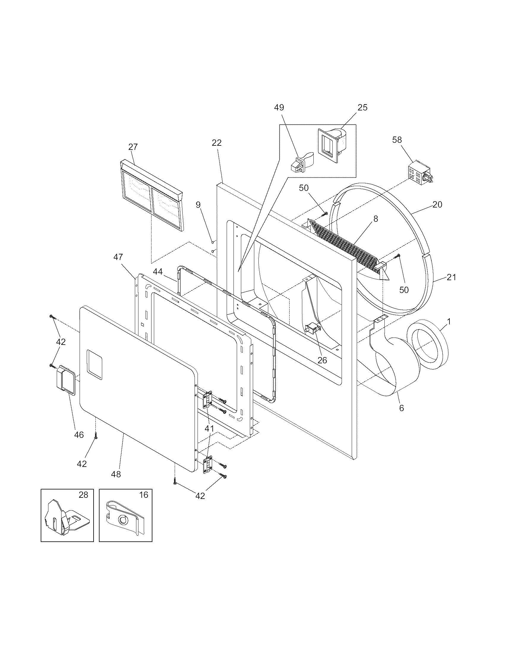 Frigidaire FGR6600FS0 front panel/lint filter diagram