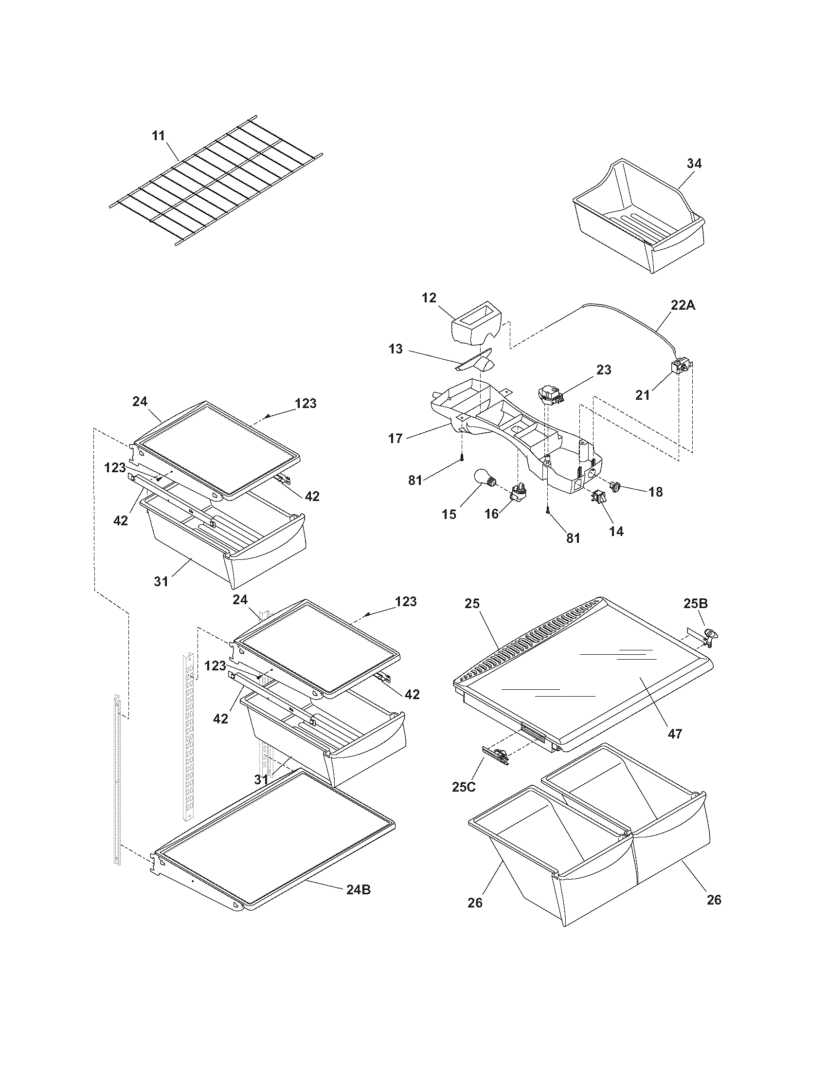 Frigidaire FRT21LR7AQH shelves diagram