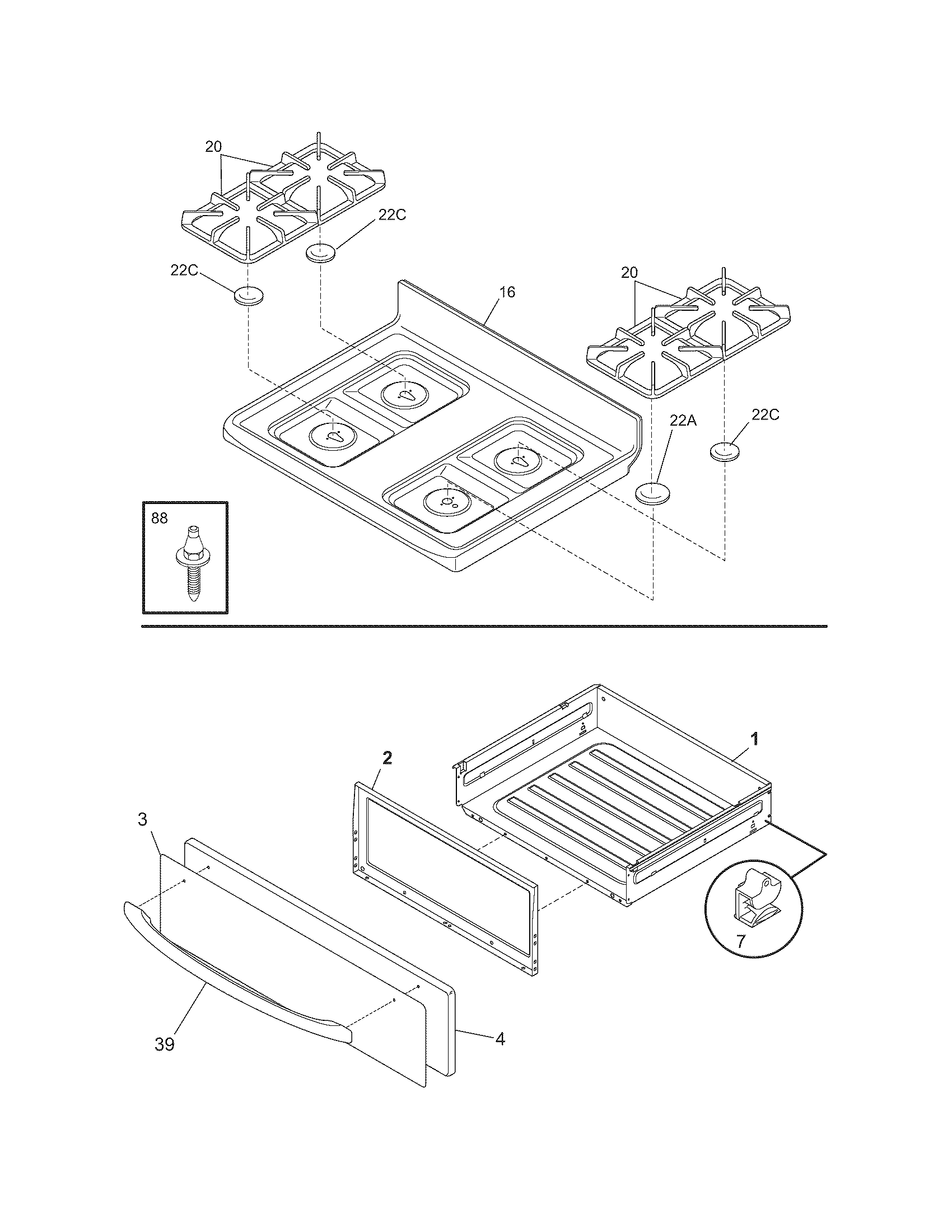 Frigidaire FGF366ECD top/drawer diagram
