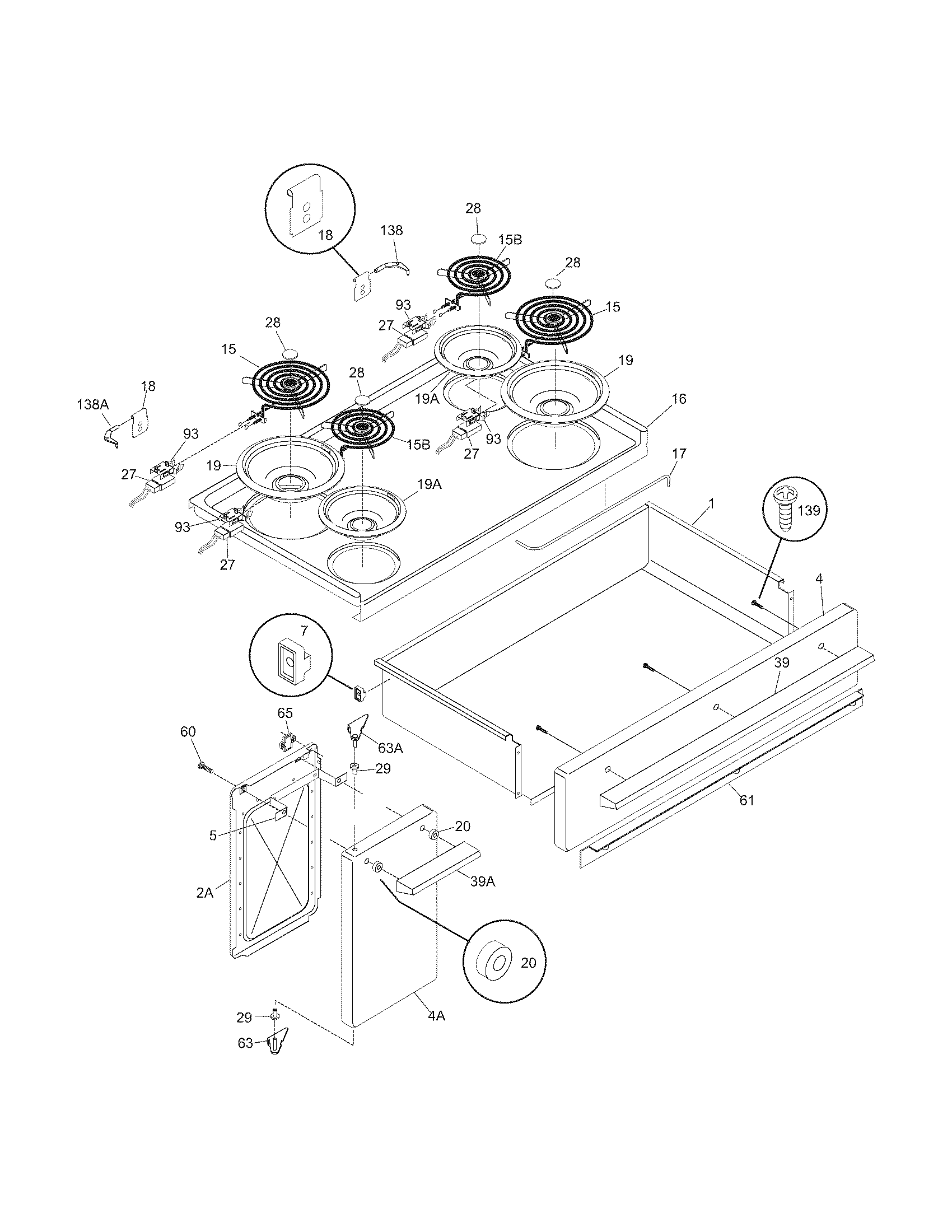 Frigidaire FEF402BWF top/drawer/small door diagram