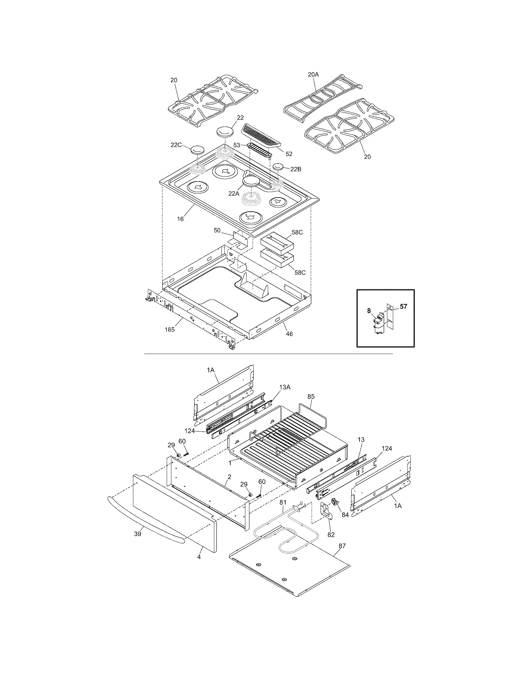 Frigidaire GLGS389FQB top/drawer diagram