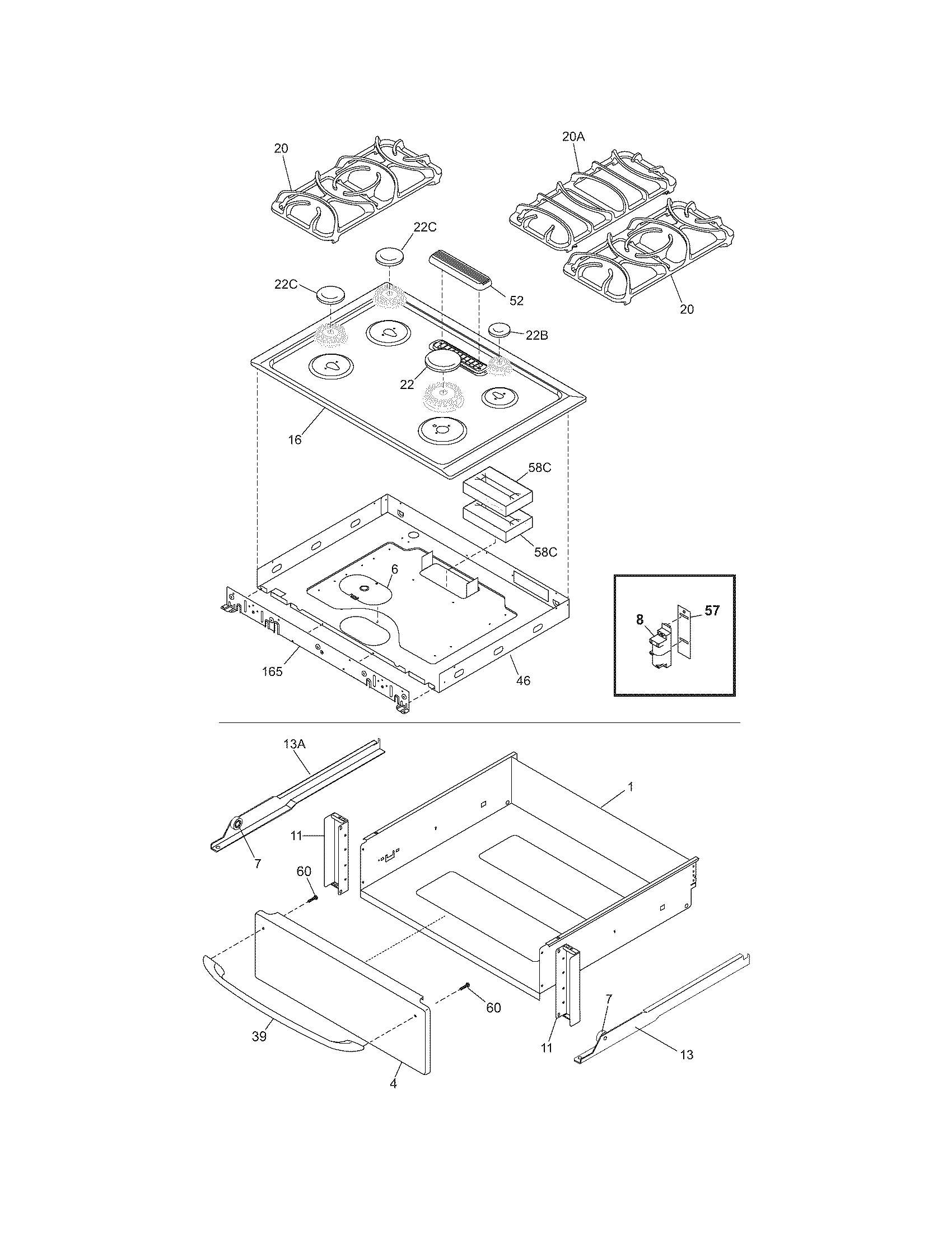 Frigidaire FGS365ECF top/drawer diagram