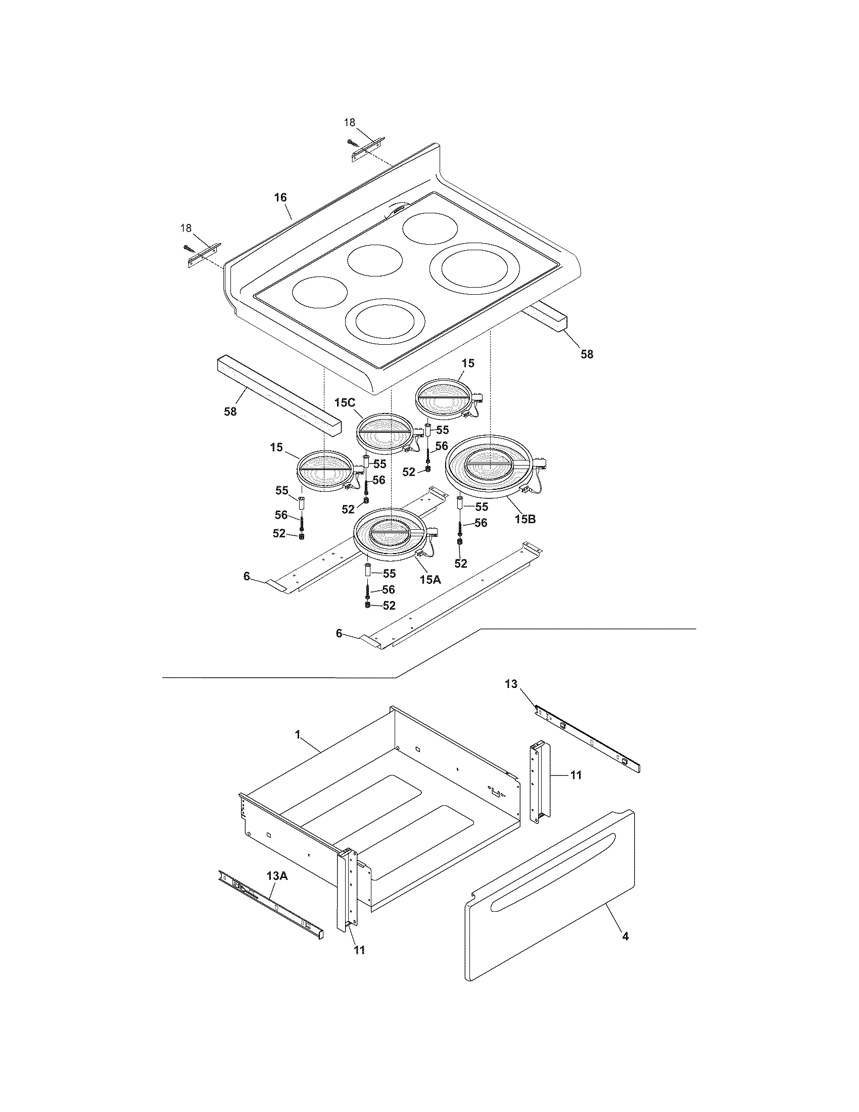Frigidaire PGLEF385EB5 top/drawer diagram