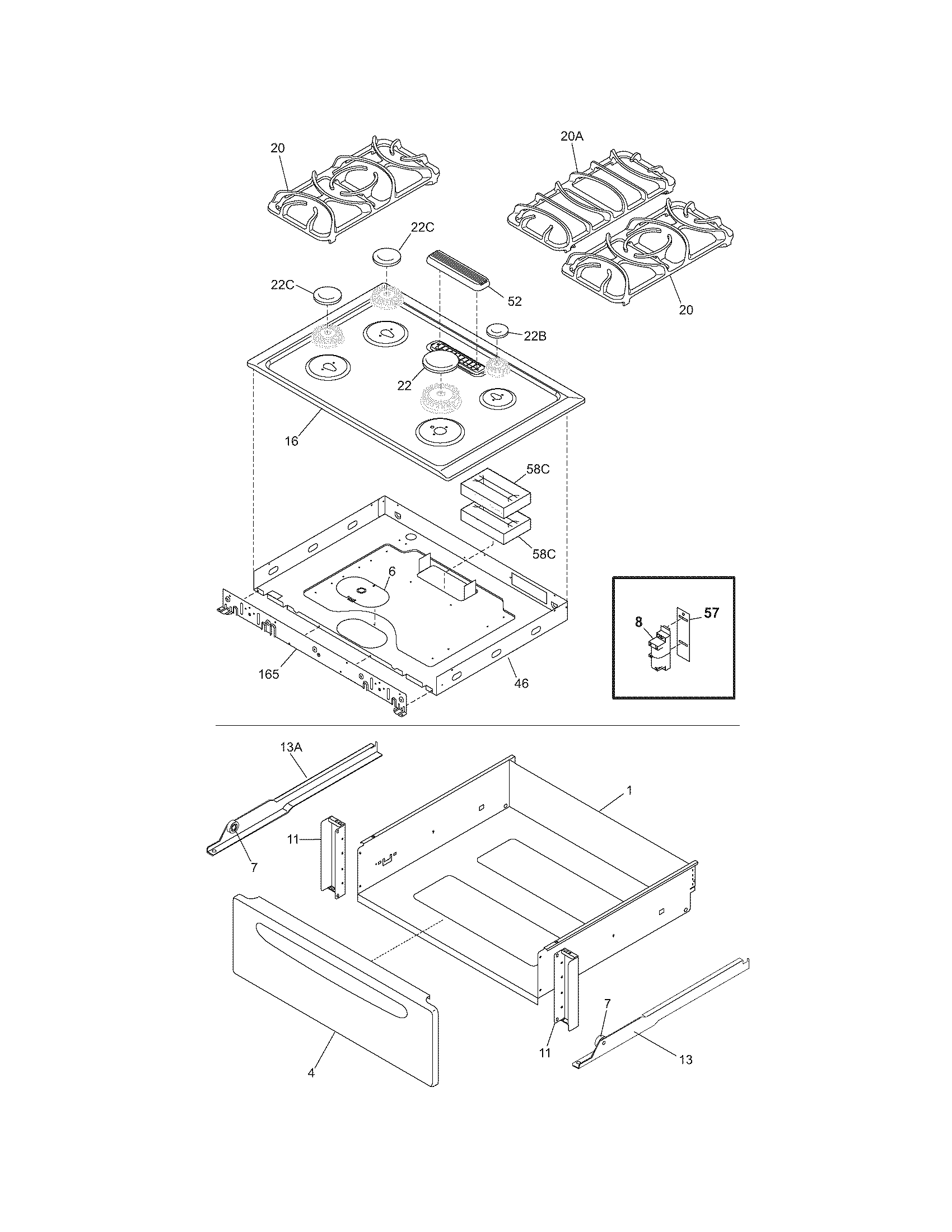 Frigidaire CFGS365ES5 top/drawer diagram