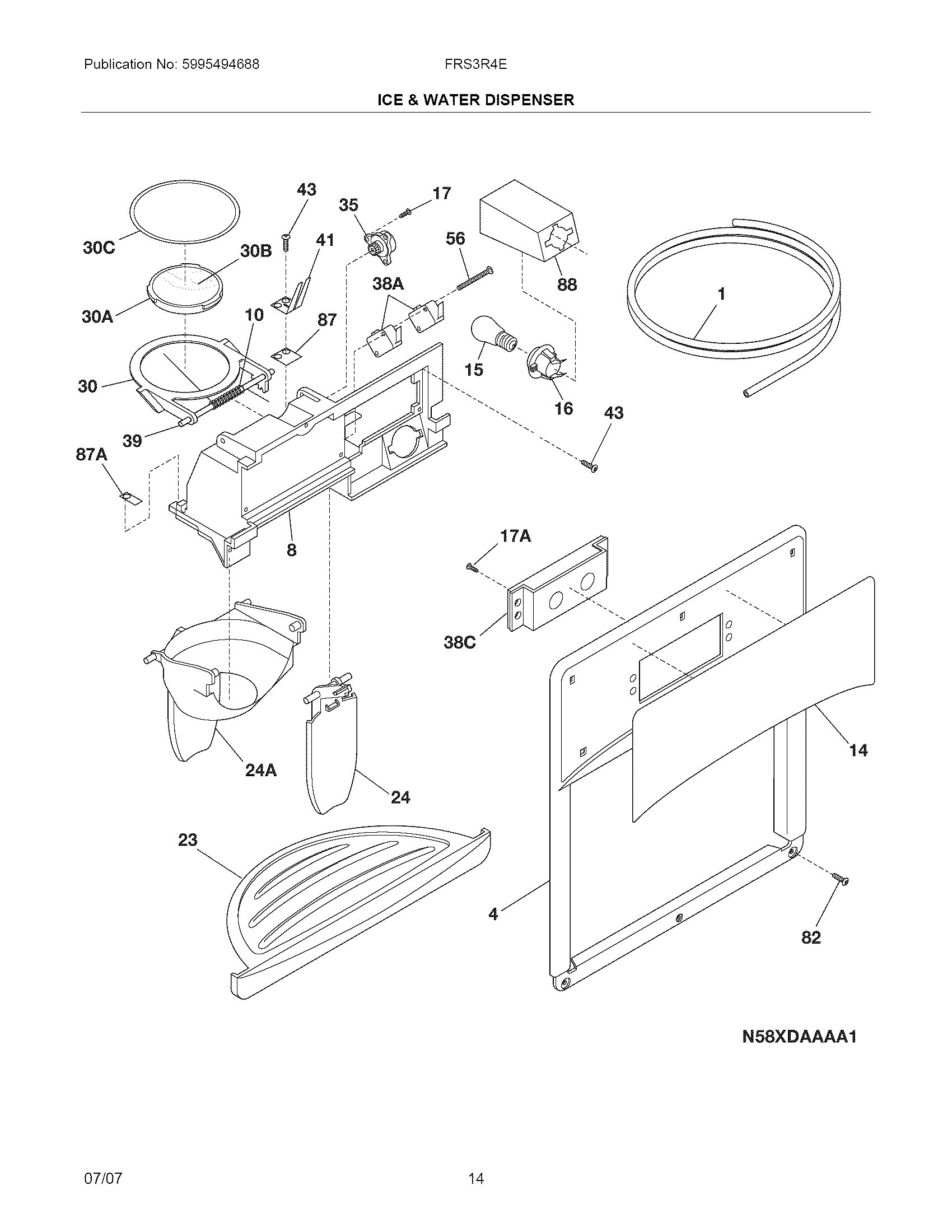 Frigidaire FRS3R4EQC ice & water dispenser diagram