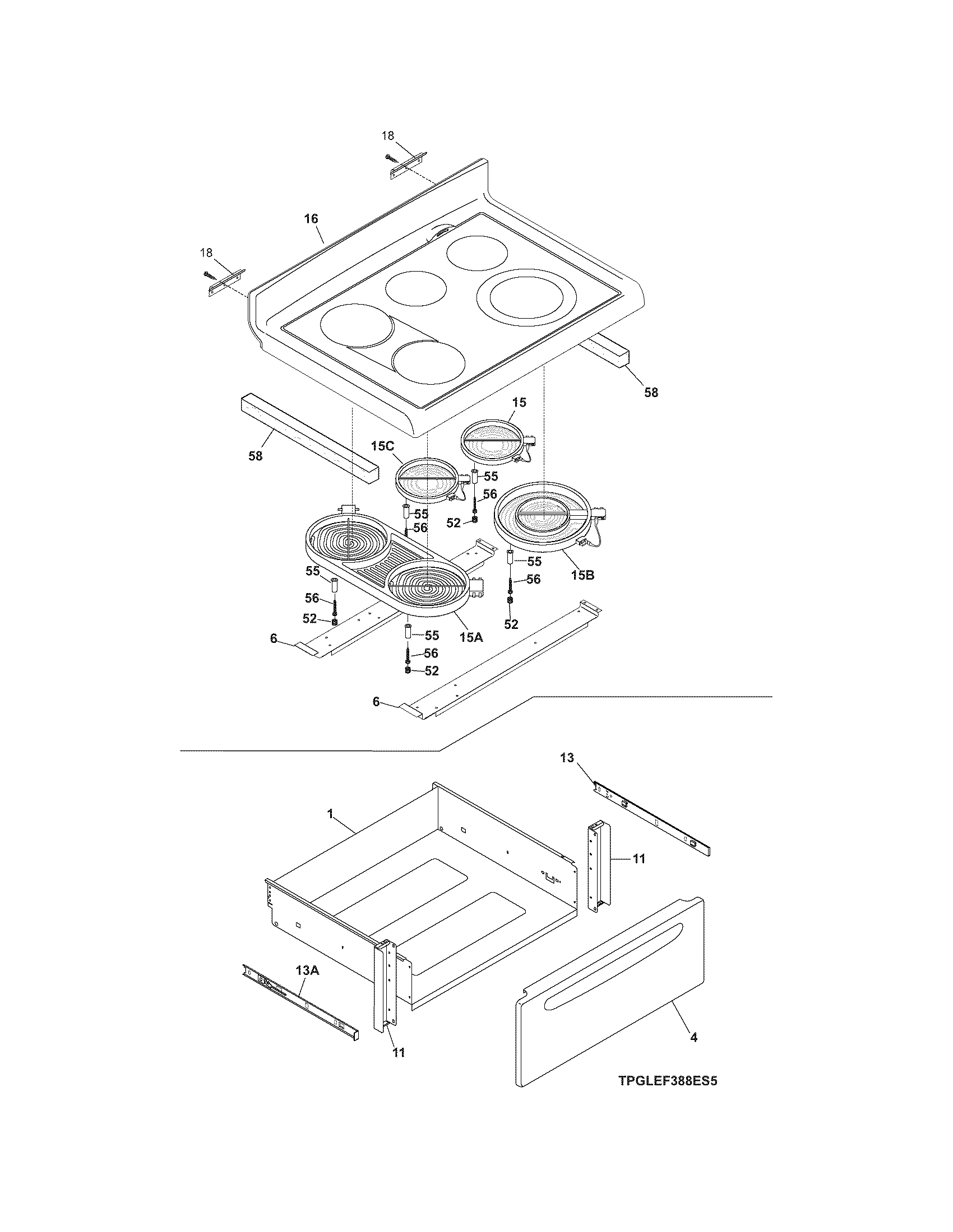 Frigidaire PGLEF388ES6 top/drawer diagram