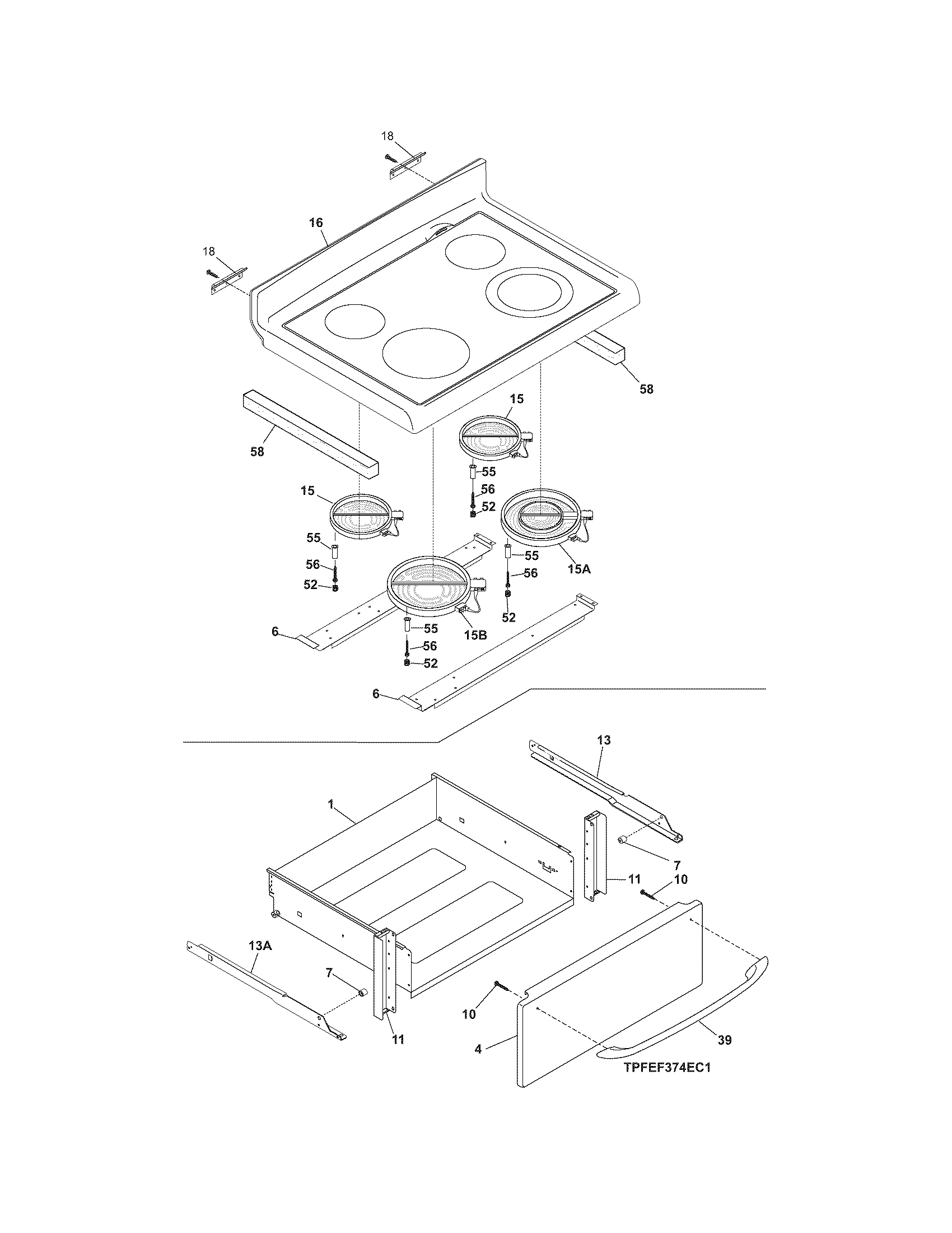 Frigidaire PFEF374EC4 top/drawer diagram