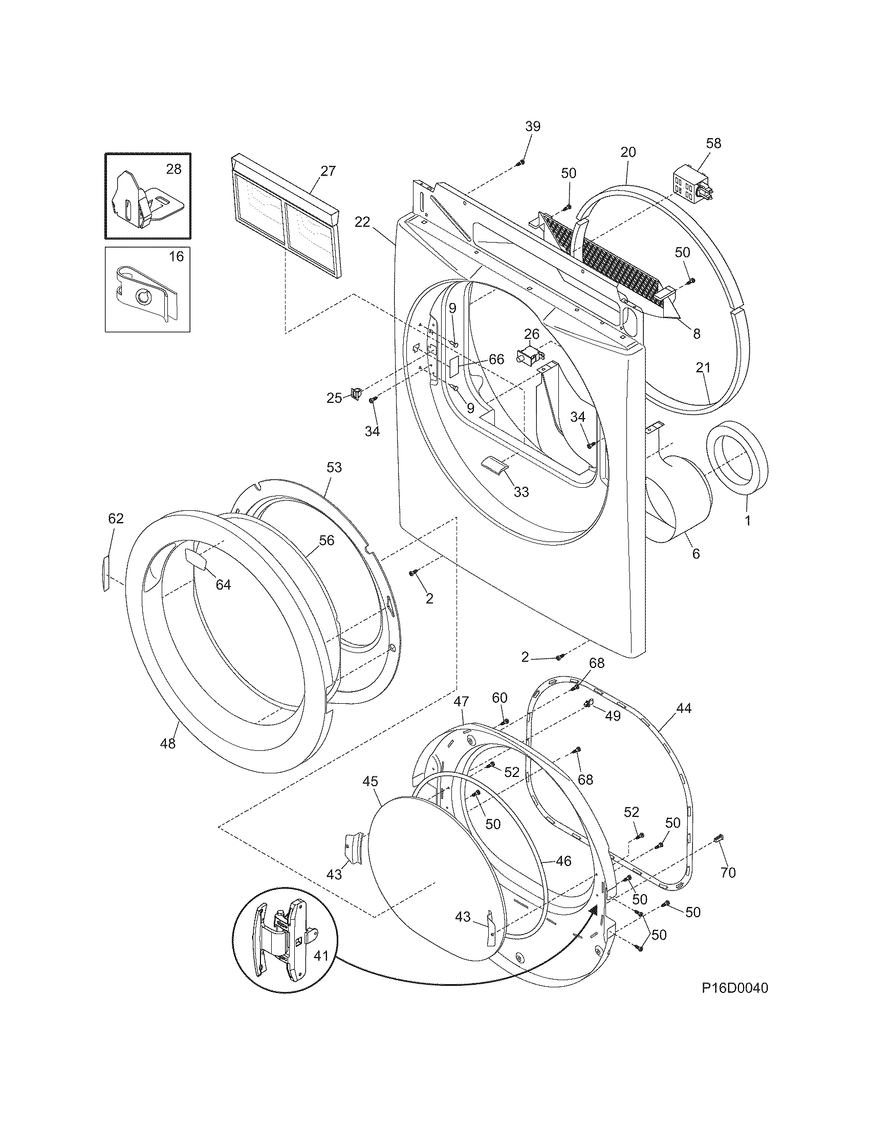 Frigidaire AEQ6700FS0 front panel/lint filter diagram