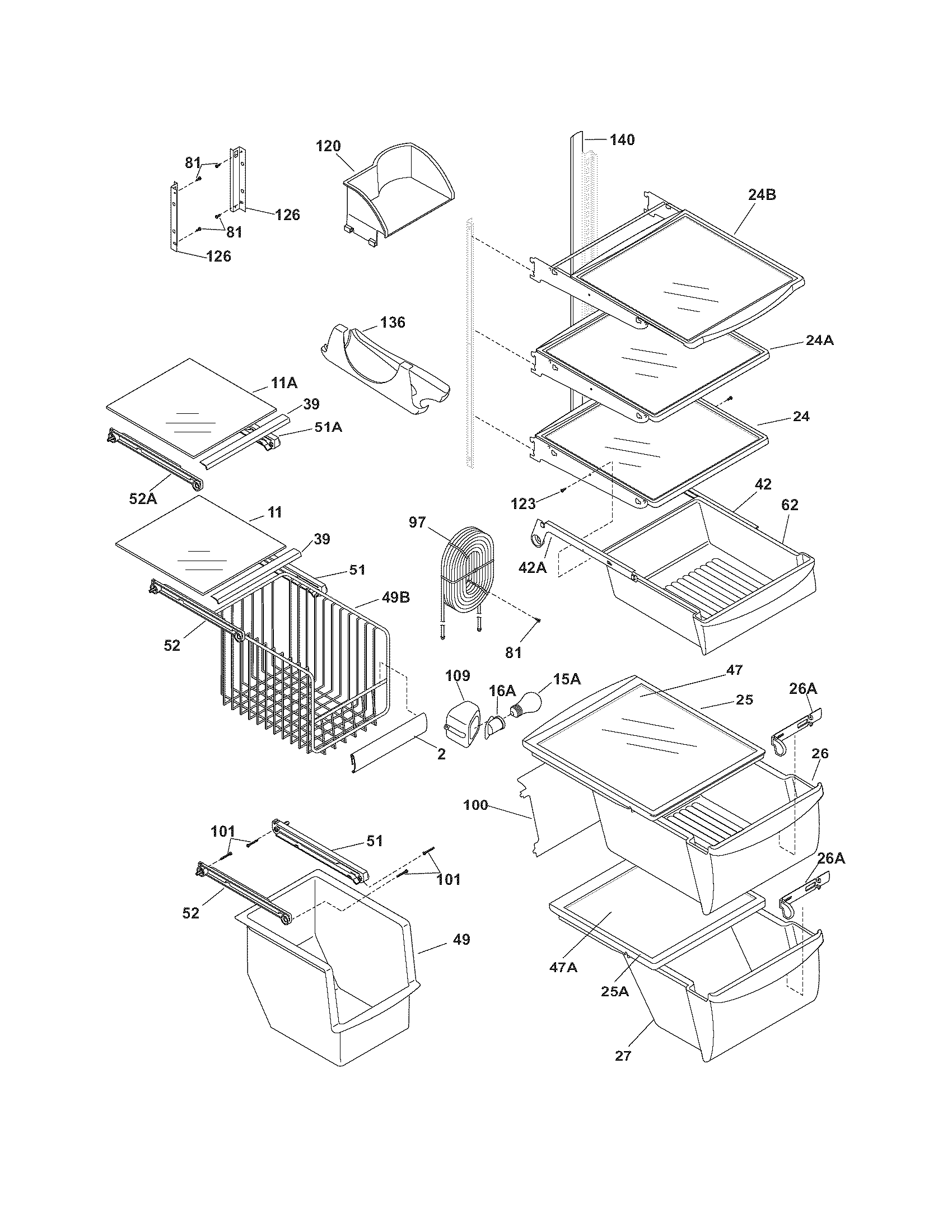 Frigidaire PHS37EHSB5 shelves diagram