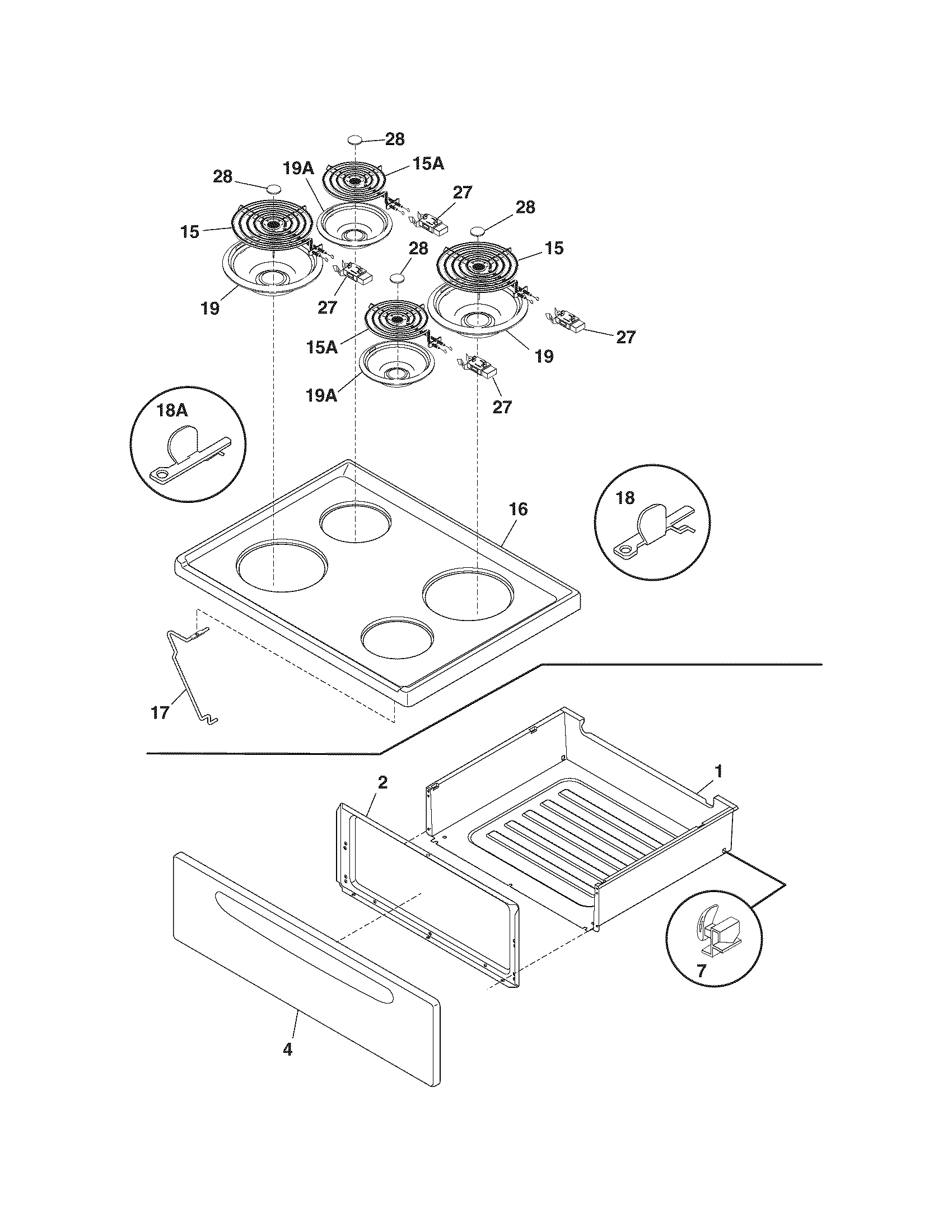 Tappan TEF317BWF top/drawer diagram