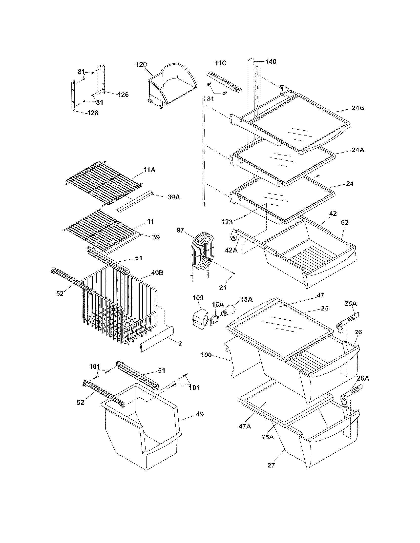 Frigidaire FRSHB5EHPW3 shelves diagram