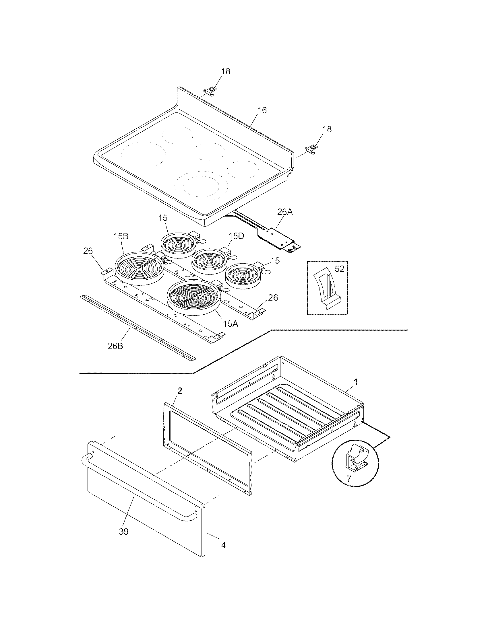 Crosley CRE3890GSSA top/drawer diagram