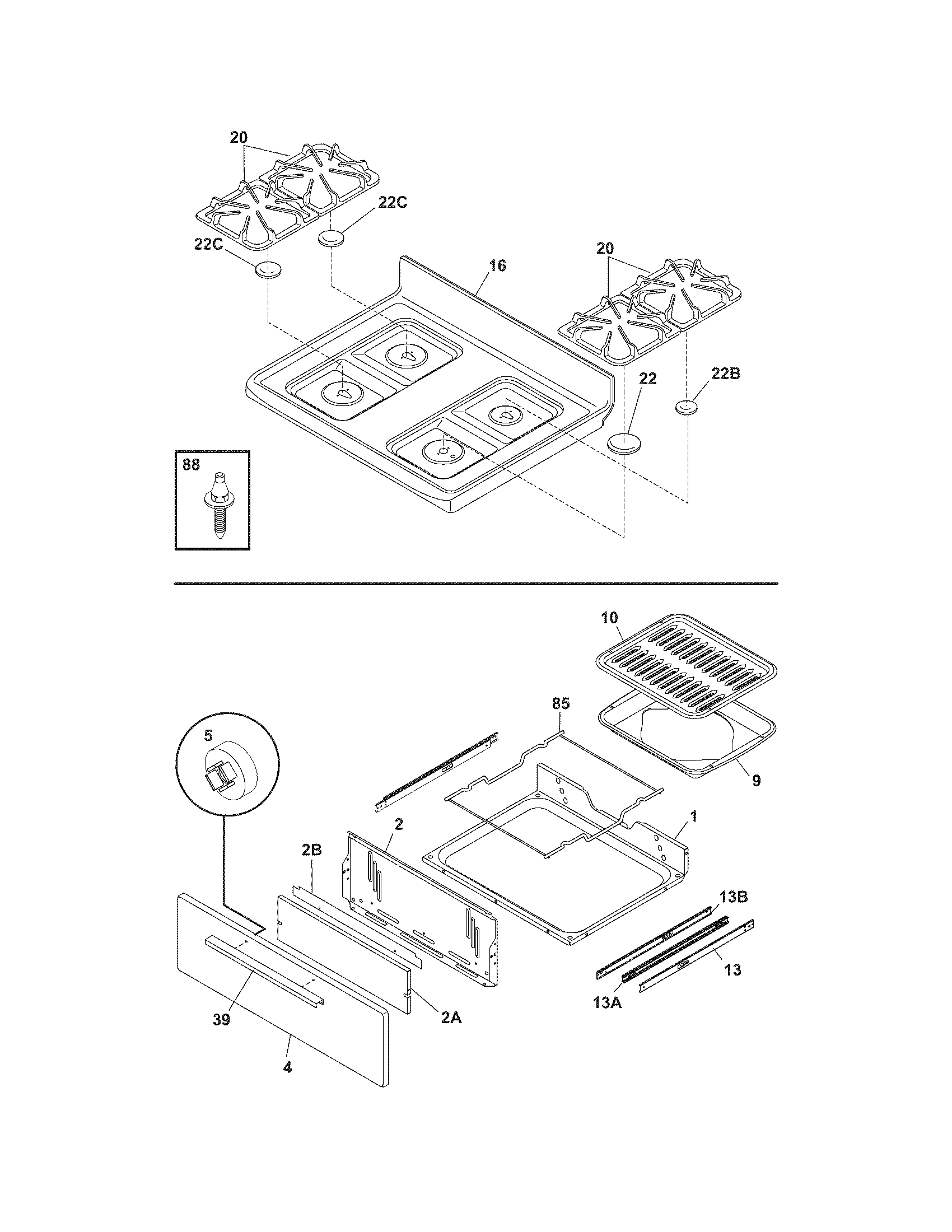 Crosley CRG3140GQQB top/drawer diagram