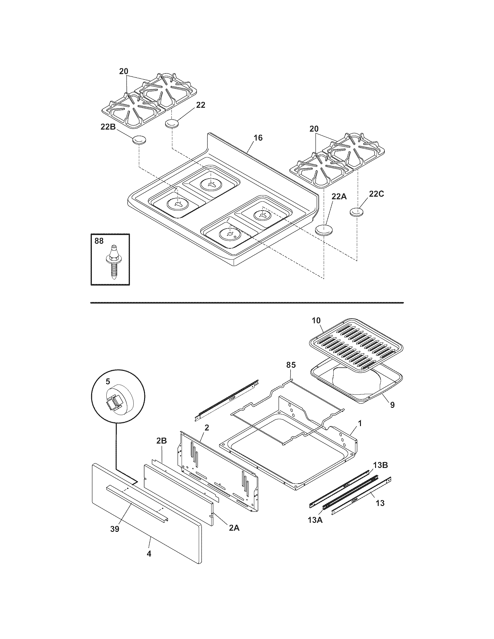 Crosley CRG3160GWWB top/drawer diagram