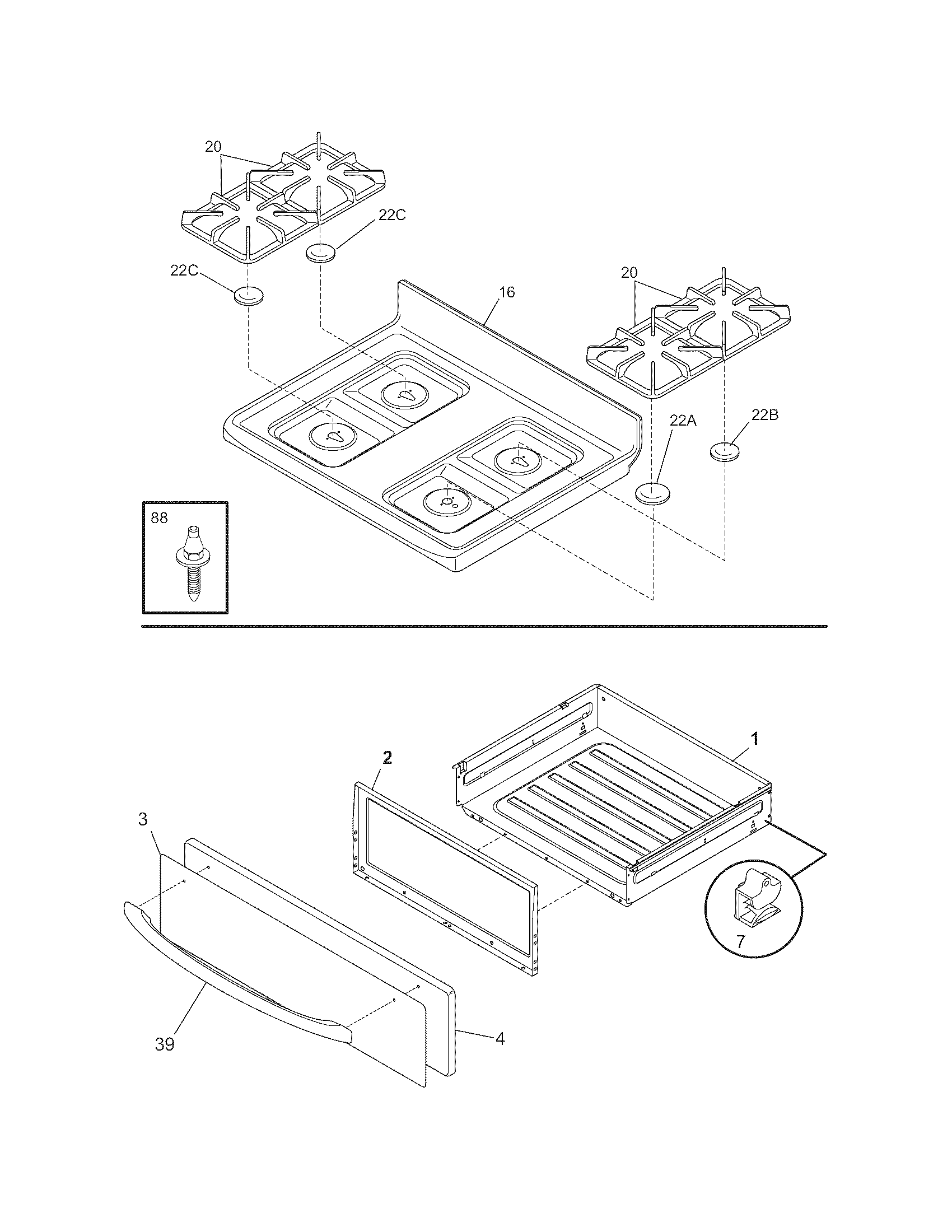 Frigidaire FGF368GCB top/drawer diagram