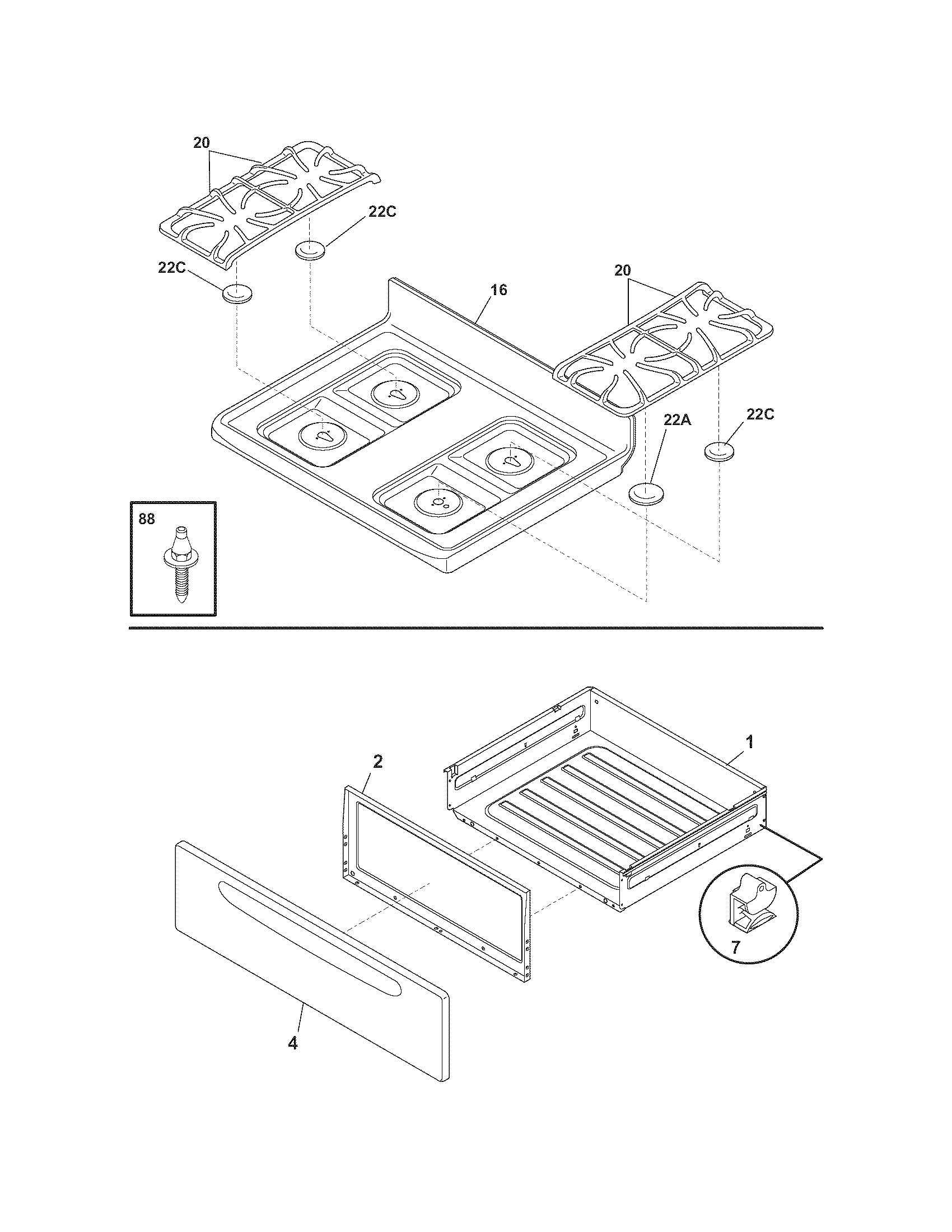 Frigidaire CFGF366FSE top/drawer diagram