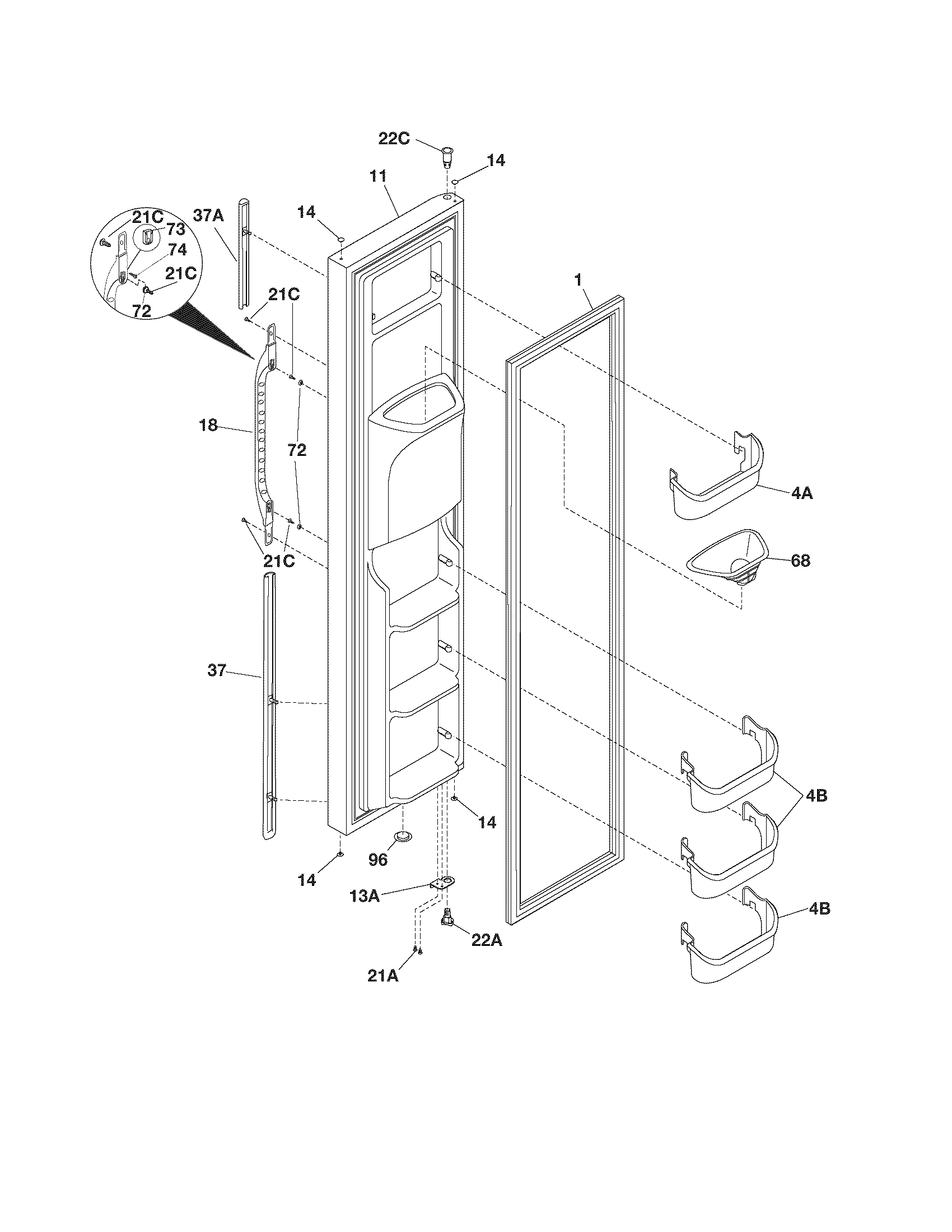 Frigidaire FRS26XABQ1 freezer door diagram