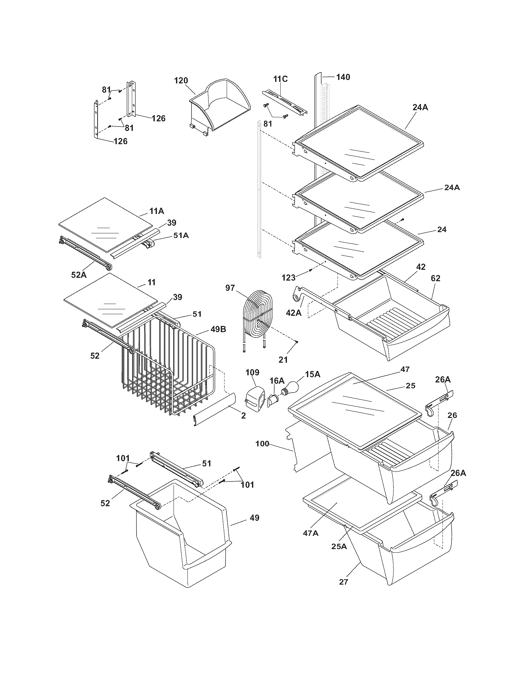Frigidaire PHSB67EHSB3 shelves diagram
