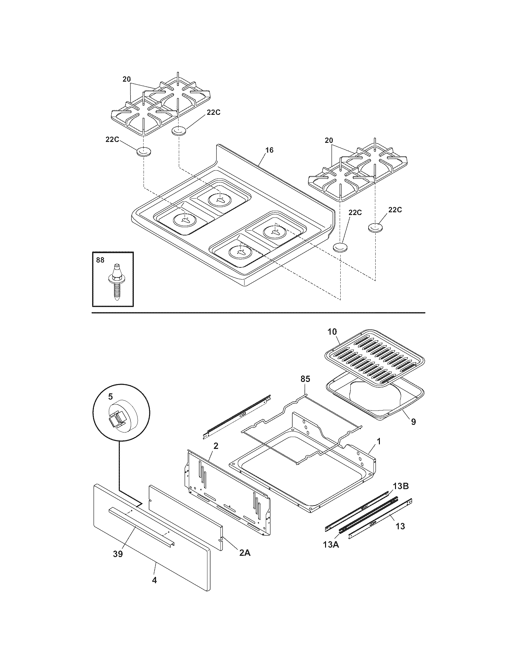 Frigidaire FGFS36FWC top/drawer diagram