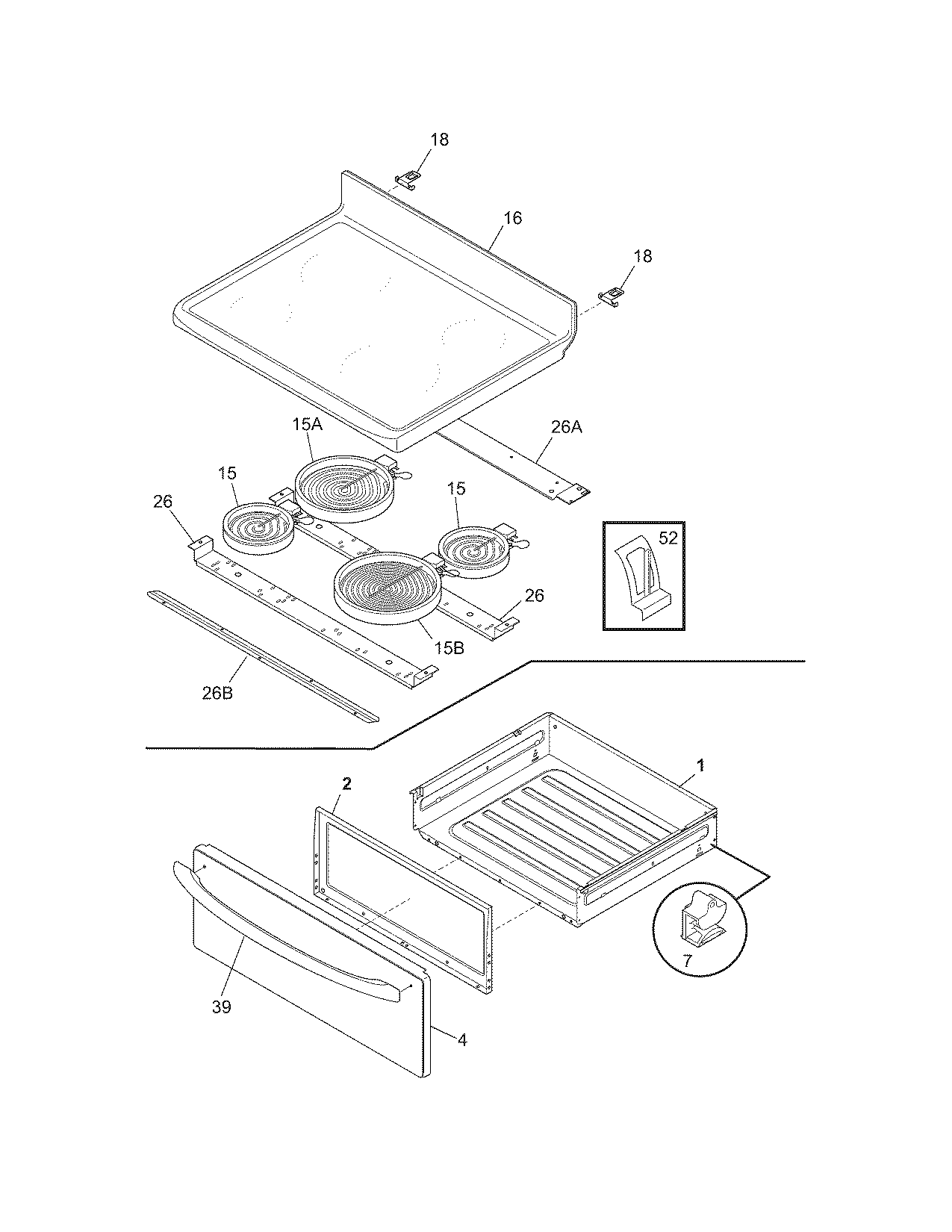 Frigidaire FEF336FMB top/drawer diagram