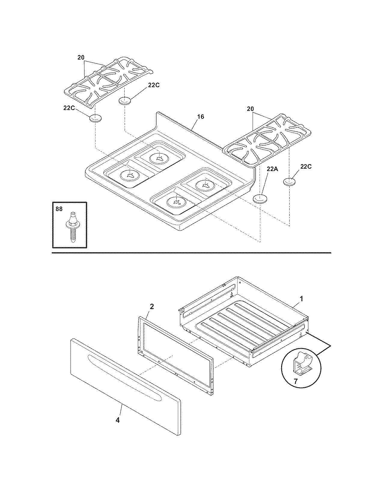 Frigidaire FGF366EBF top/drawer diagram