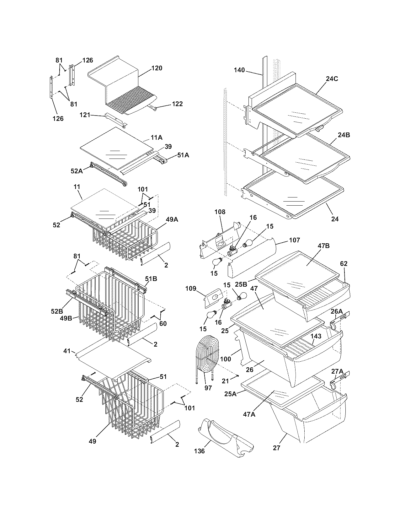 Frigidaire LECR23EFE0 shelves diagram