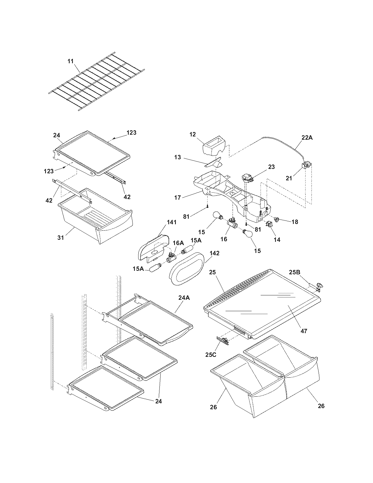 Frigidaire GLHT186JK0 shelves diagram