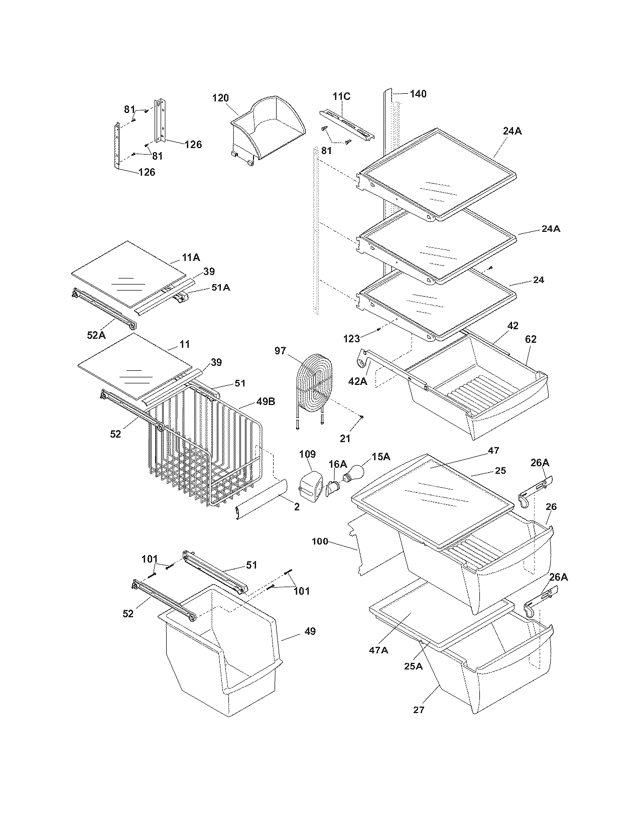 Frigidaire PHSB67EJSB0 shelves diagram