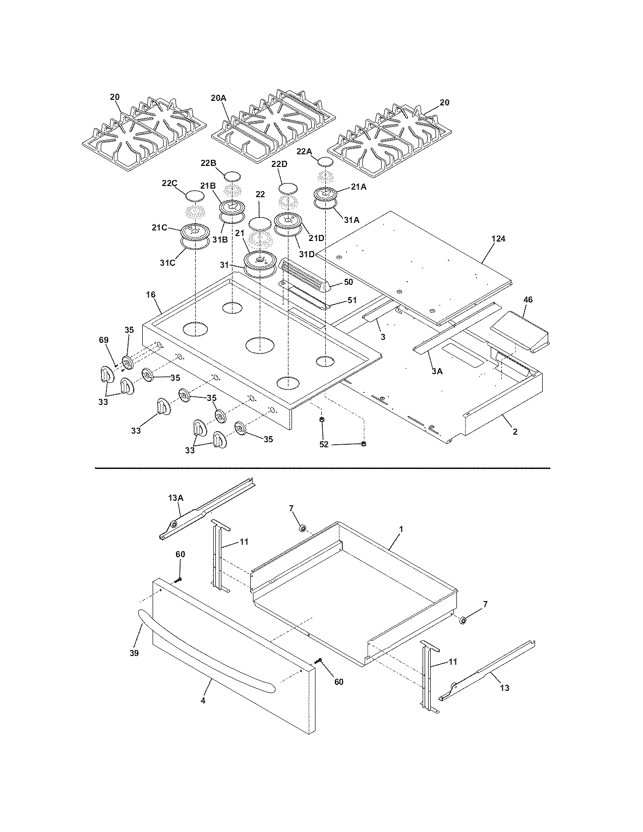 Frigidaire PLGF659GCA top/drawer/smalldoor diagram