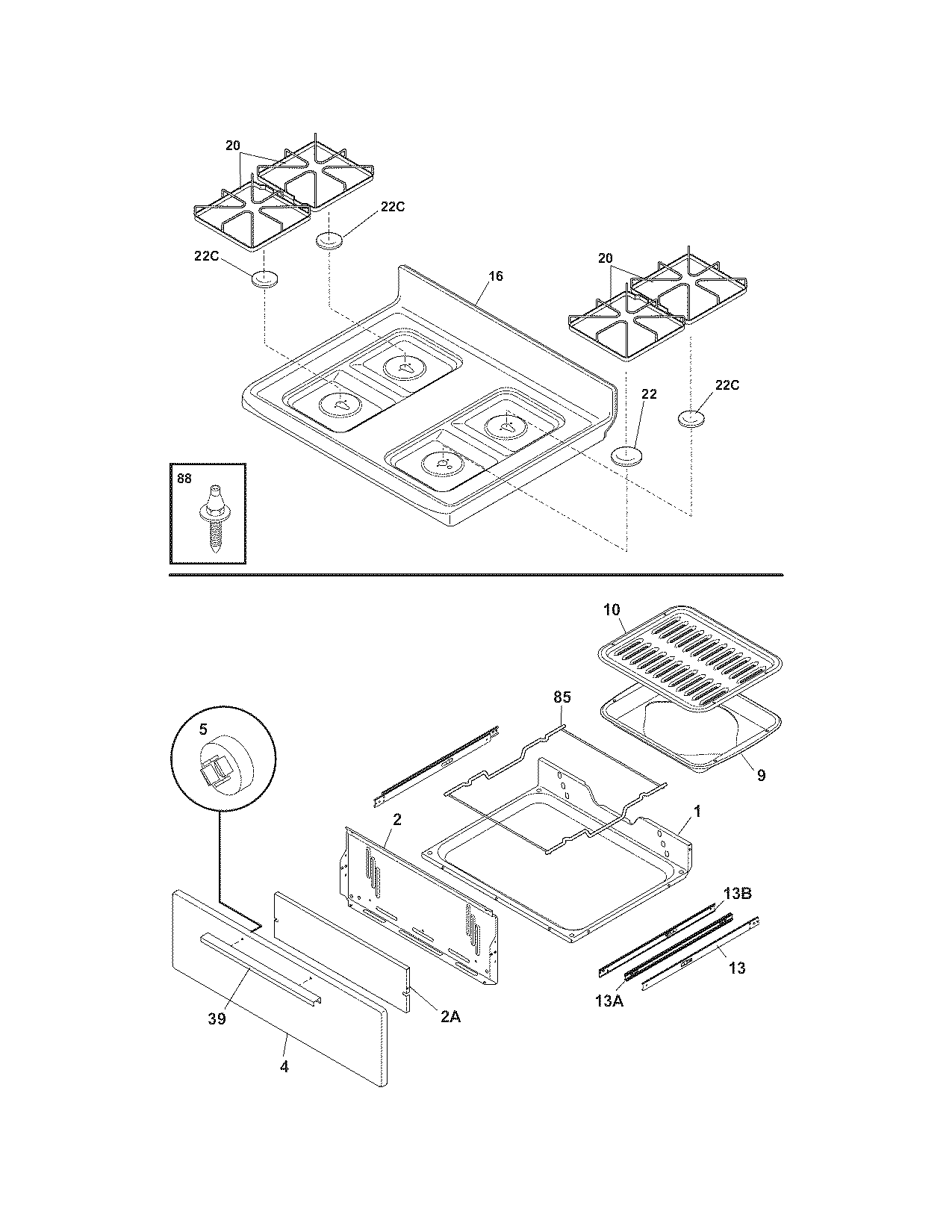 Frigidaire FGF328GBX top/drawer diagram