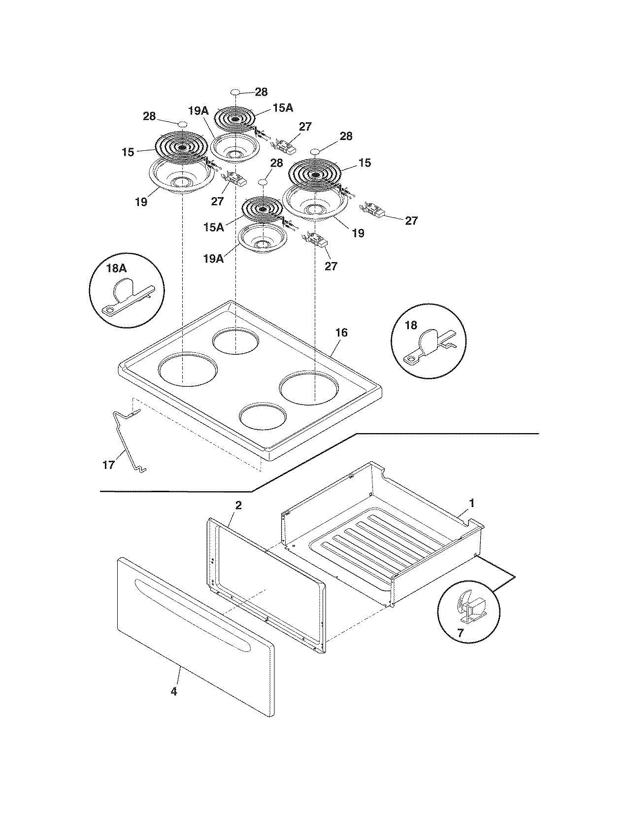 Crosley CRE3520GWWB top/drawer diagram