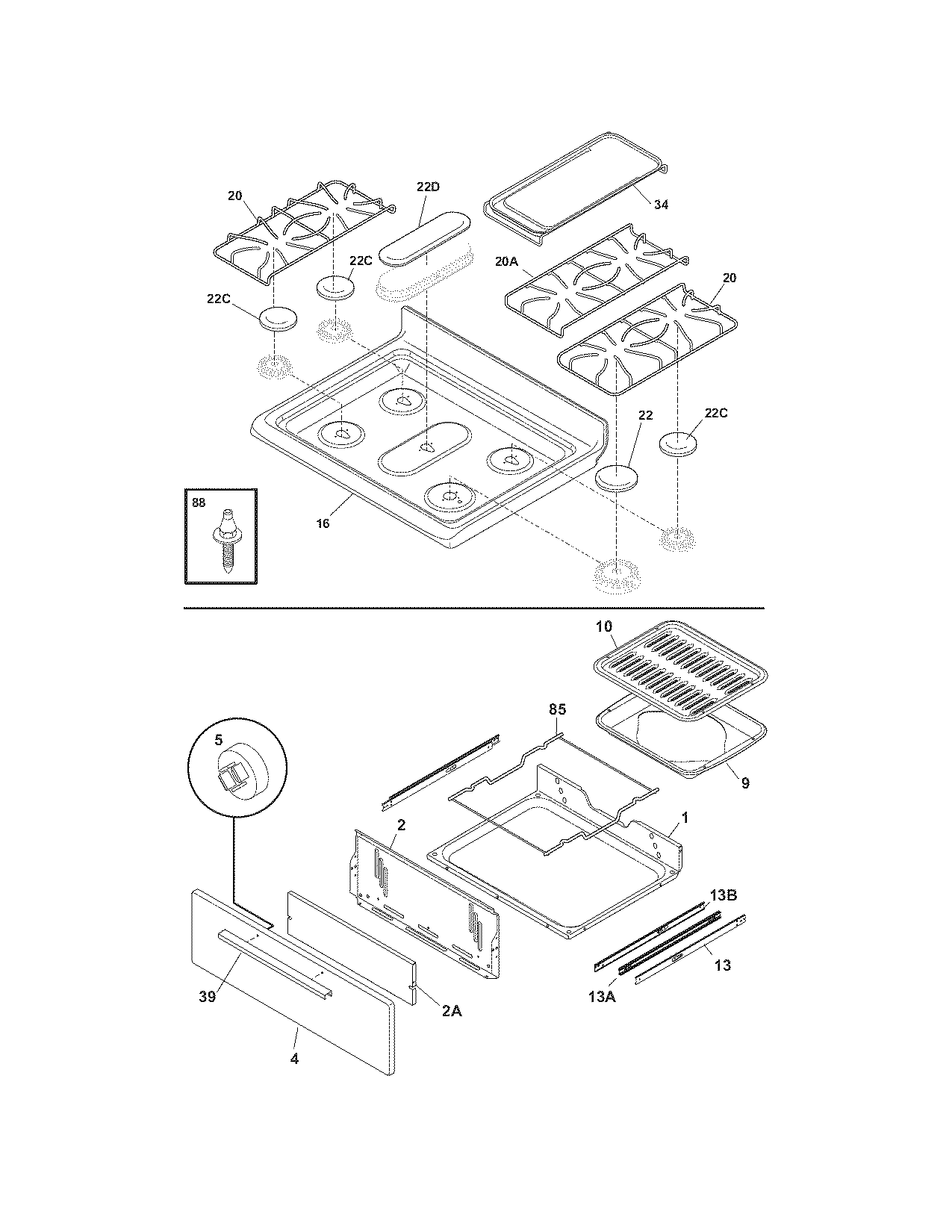 Frigidaire FGF345GSB top/drawer diagram