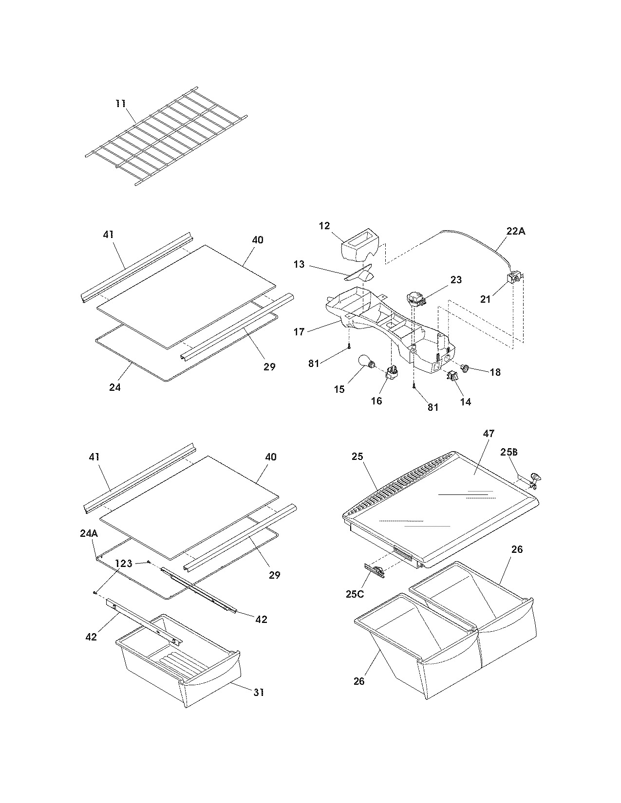 Frigidaire FRT18L4JB1 shelves diagram