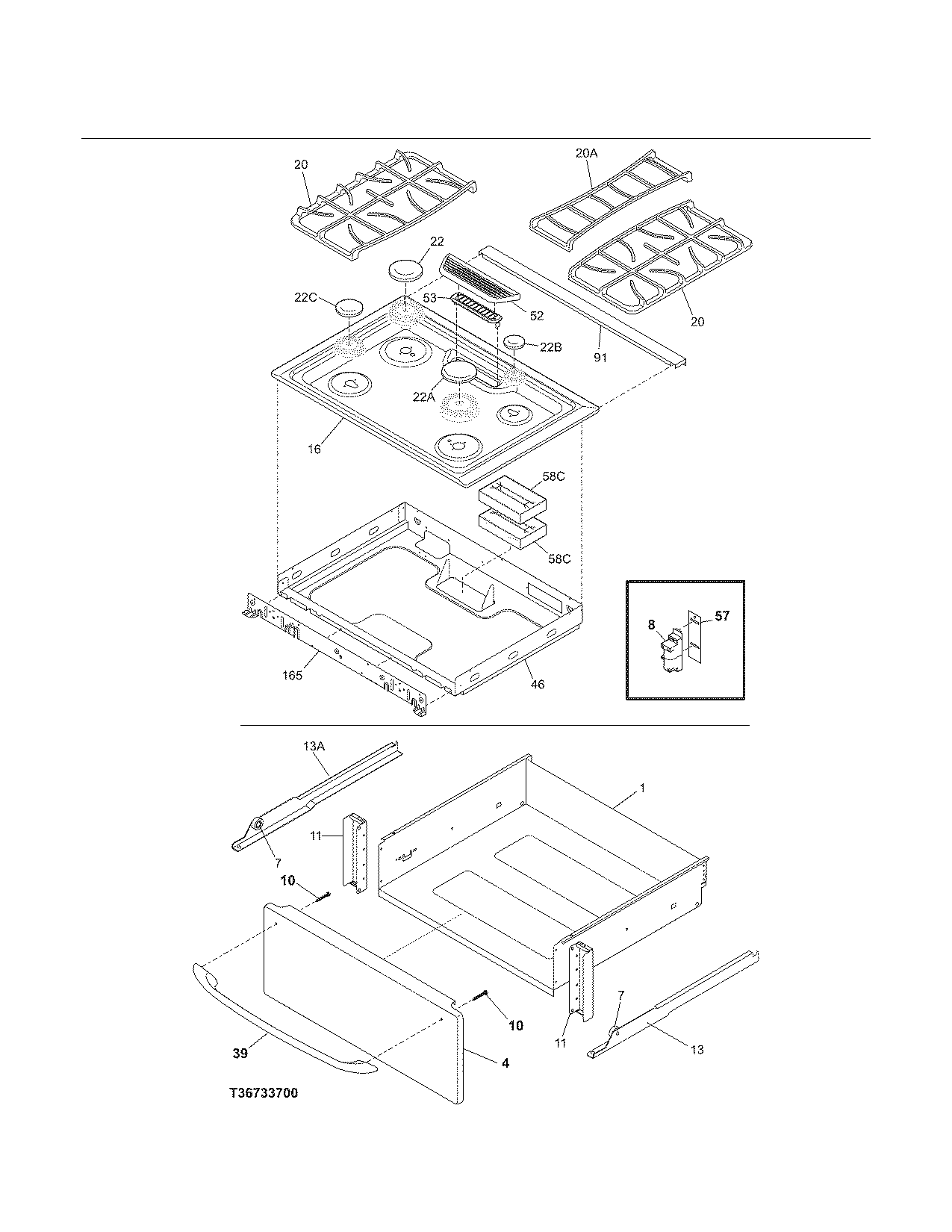 Kenmore 79036733701 top/drawer diagram