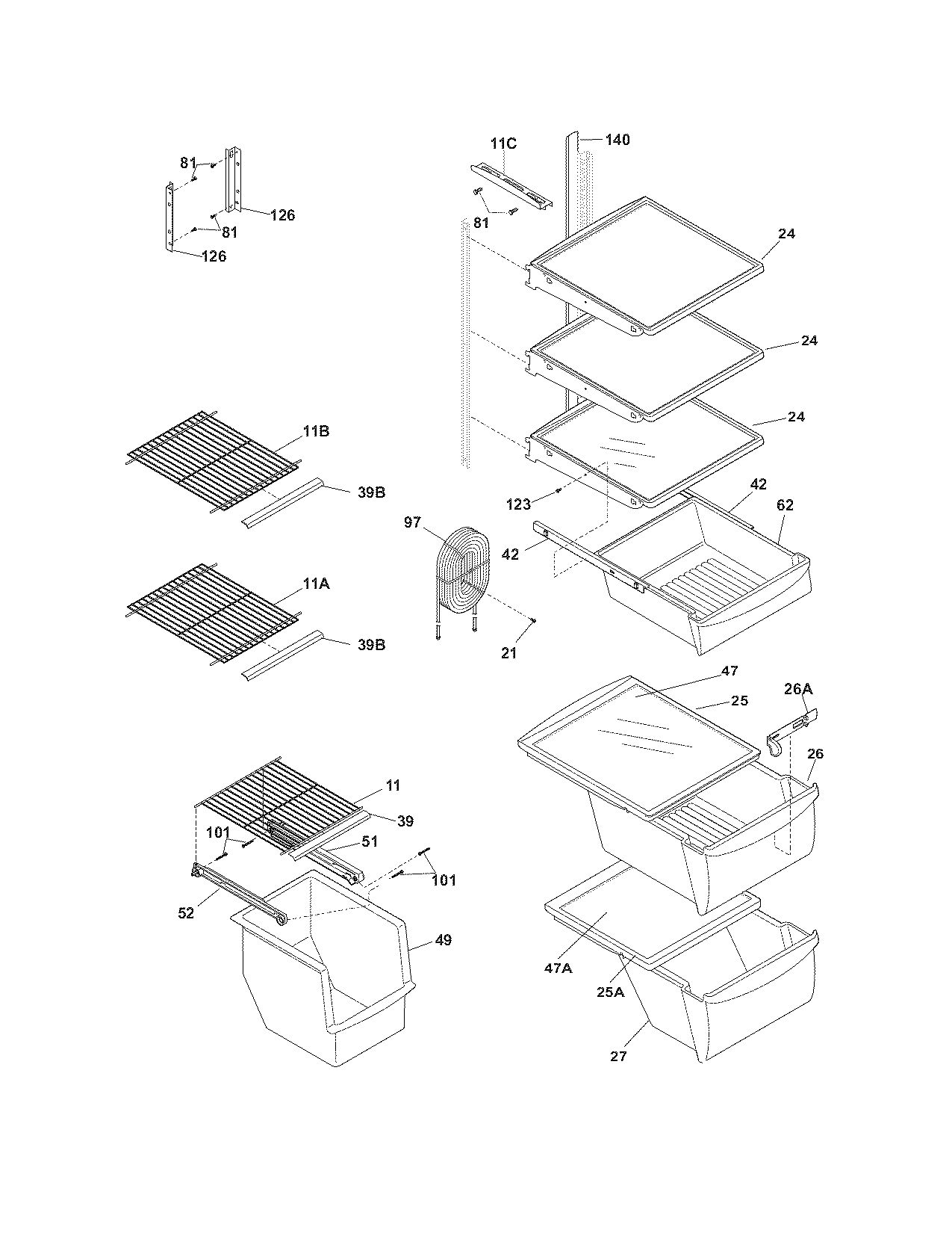 Frigidaire FRS26KF6EMD shelves diagram