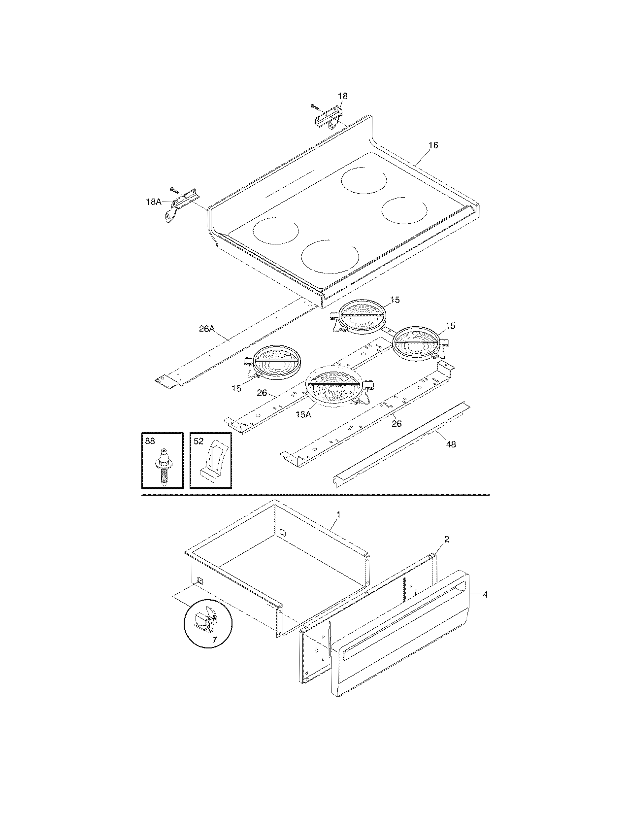 Frigidaire FEF363SGWB top/drawer diagram