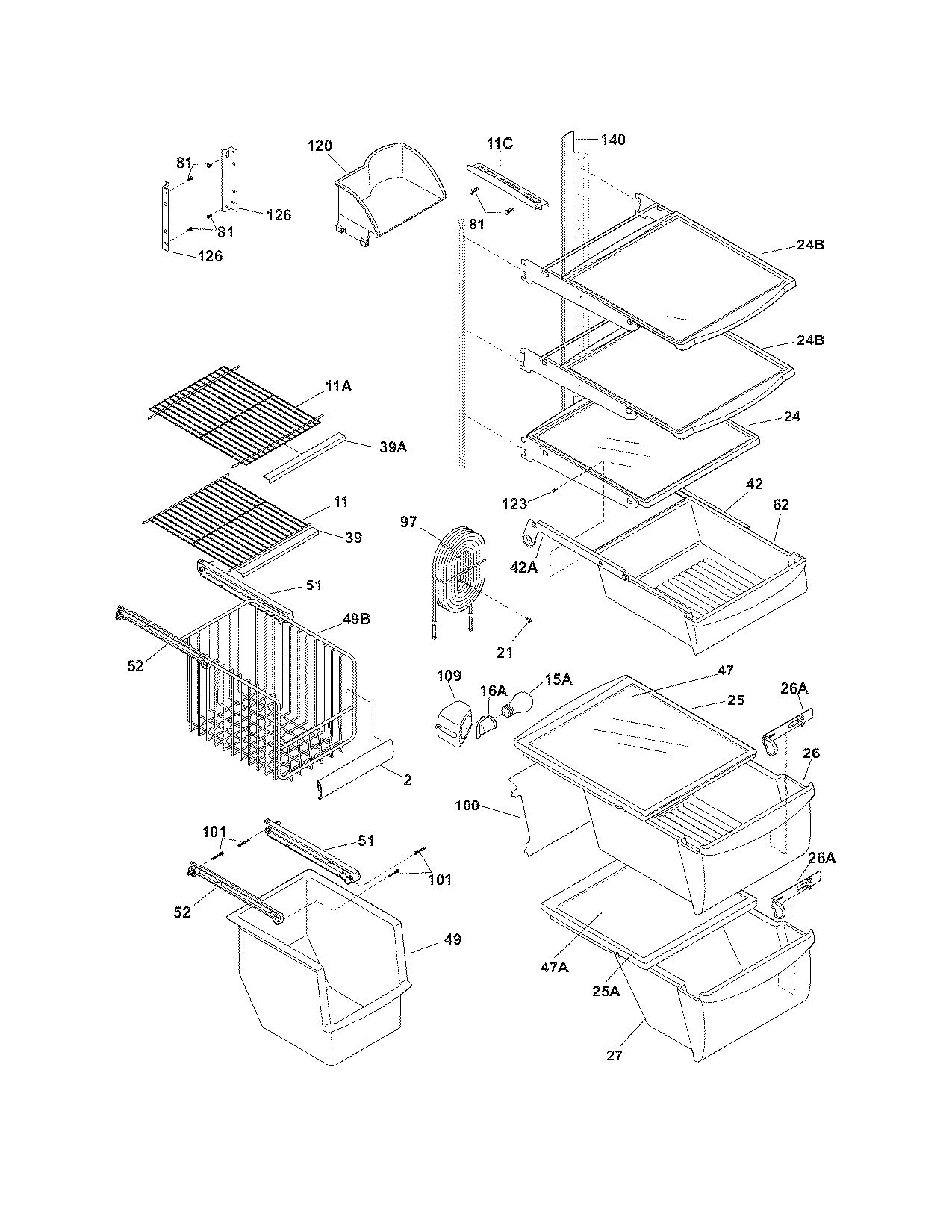 Frigidaire FRS6LF7JB1 shelves diagram