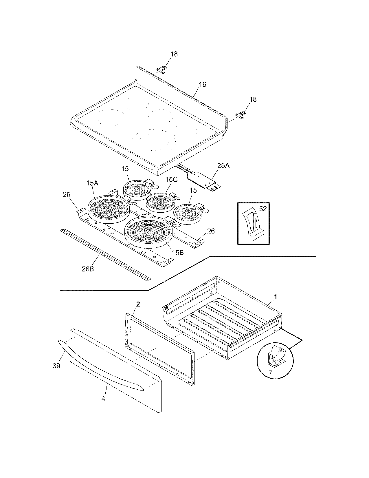 Frigidaire FEFL79JCA top/drawer diagram