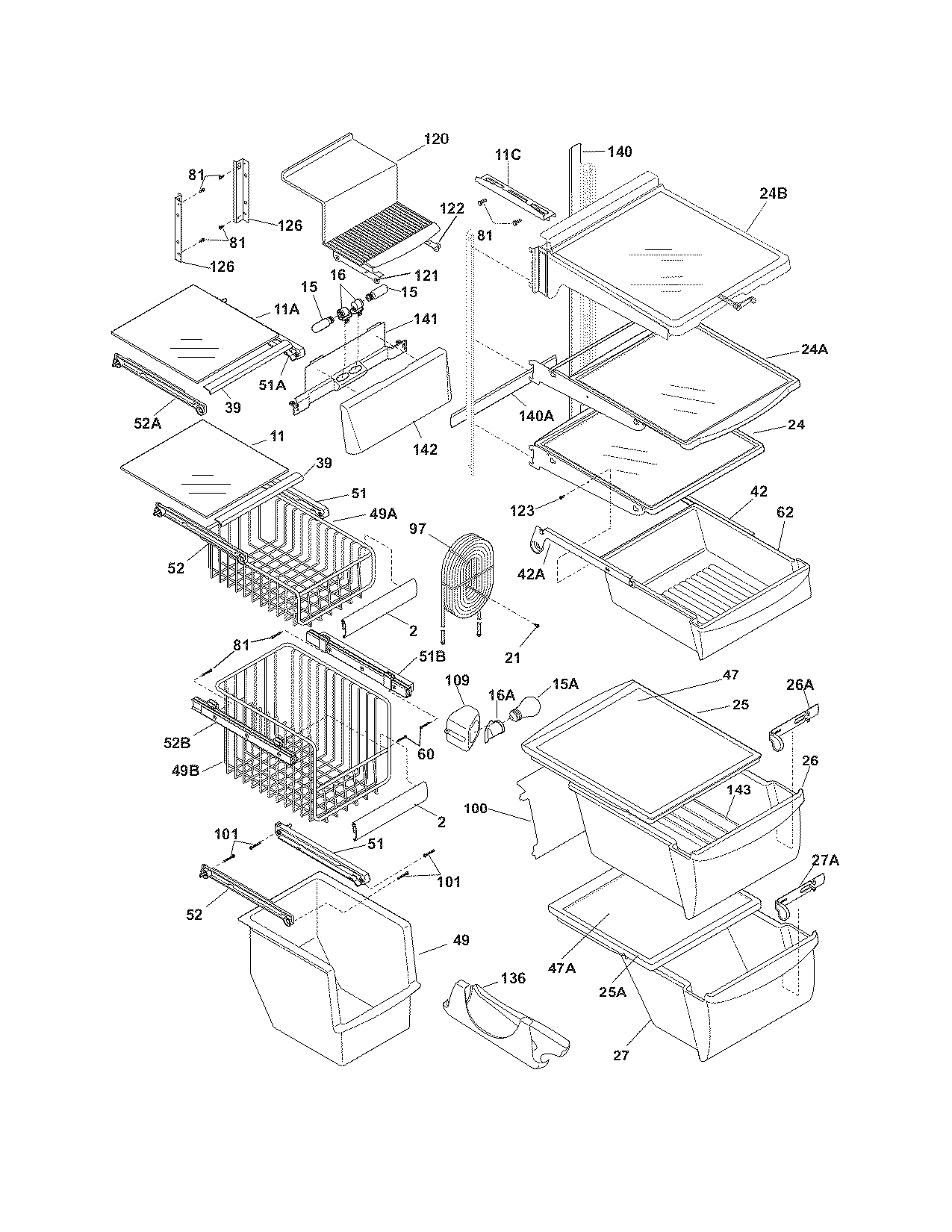 Frigidaire PHS69EJSS1 shelves diagram