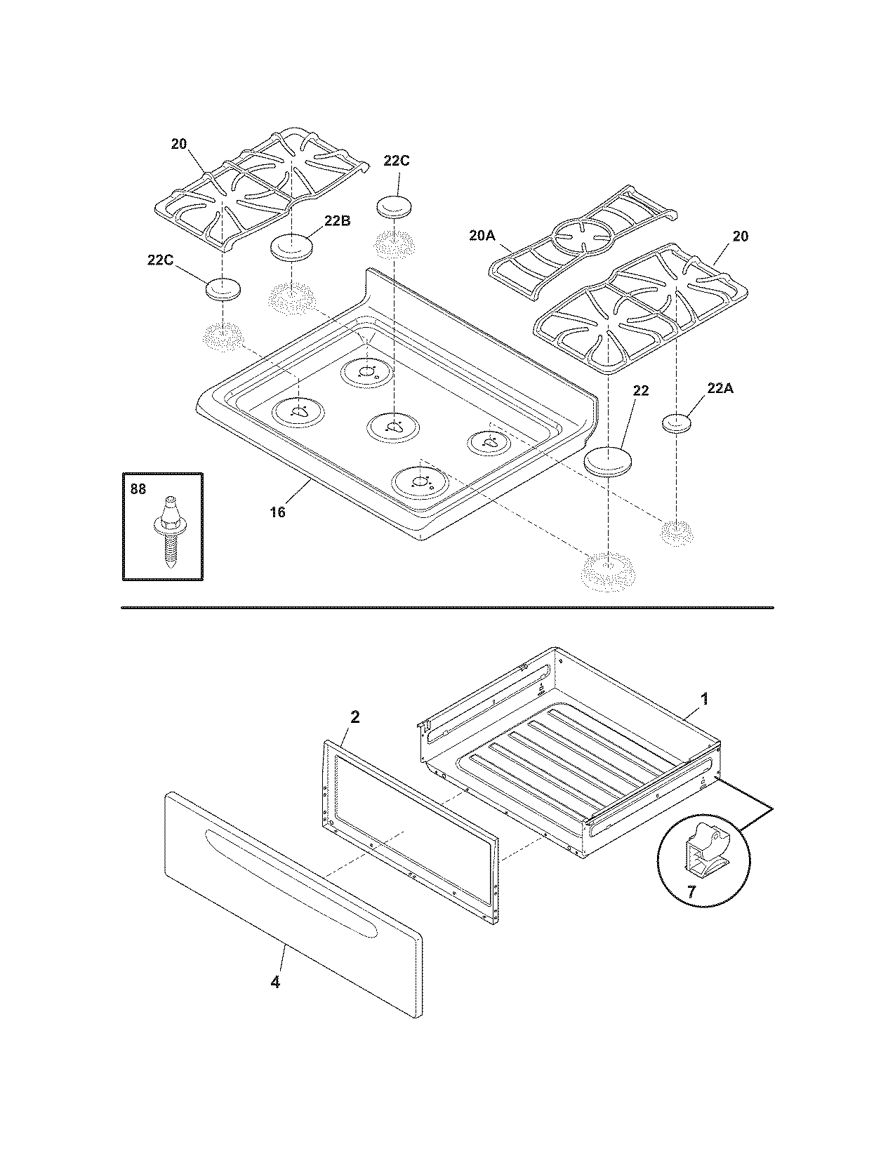 Frigidaire GLGF386DSH top/drawer diagram