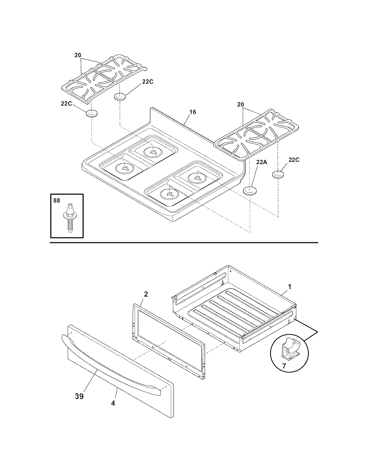 Frigidaire FGFL67DCM top/drawer diagram
