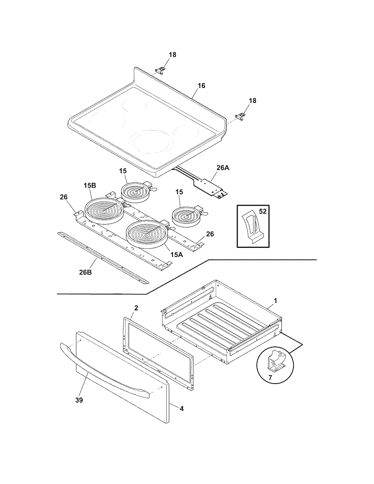 Frigidaire FEFL67HCA top/drawer diagram