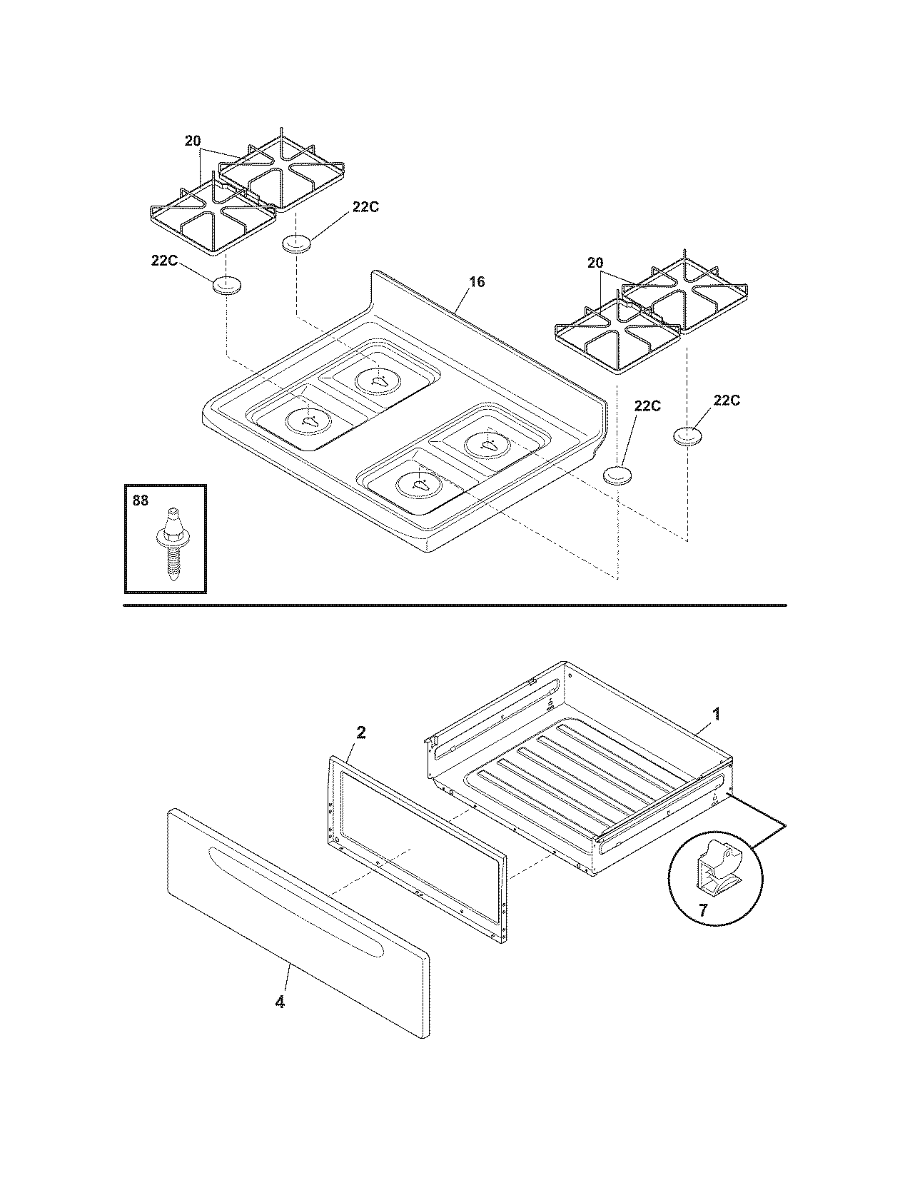 Tappan TGF351ESL top/drawer diagram