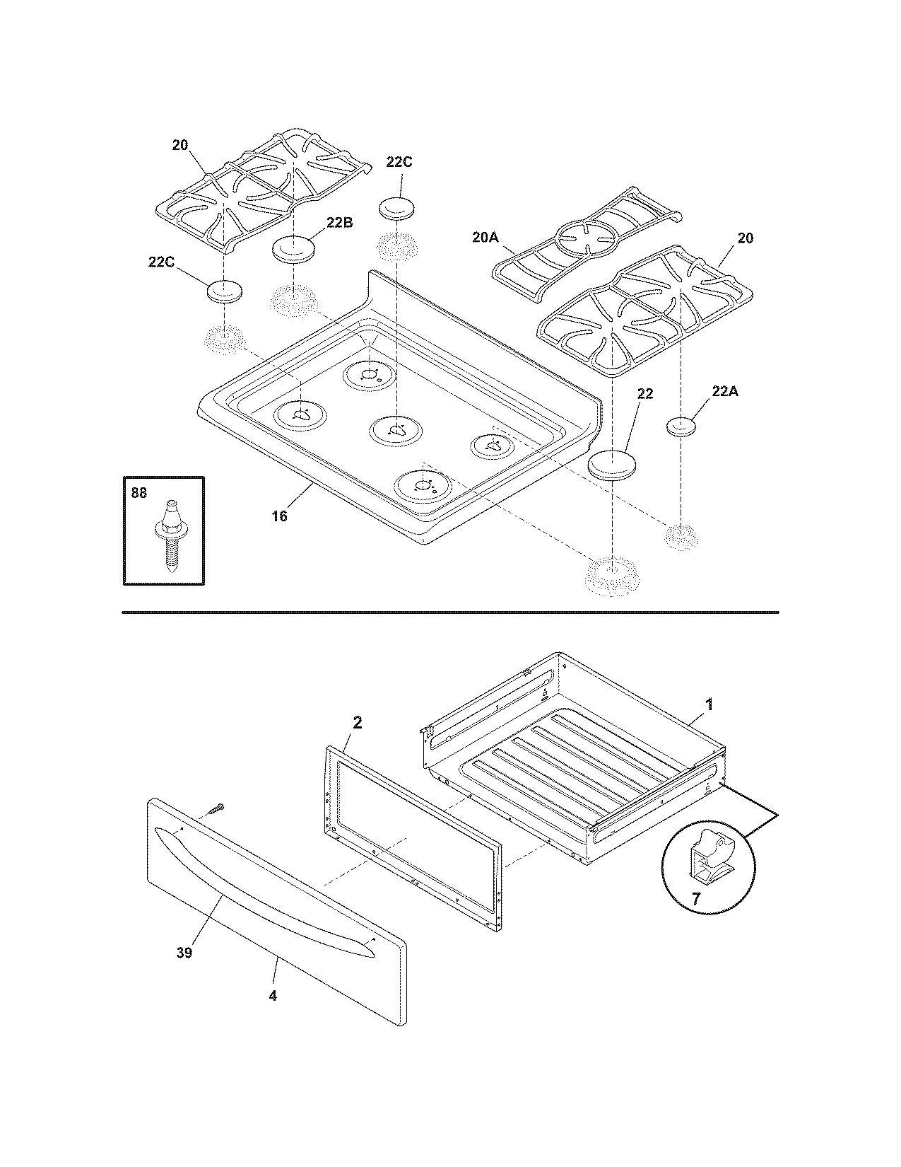 Frigidaire FGFL79GCC top/drawer diagram