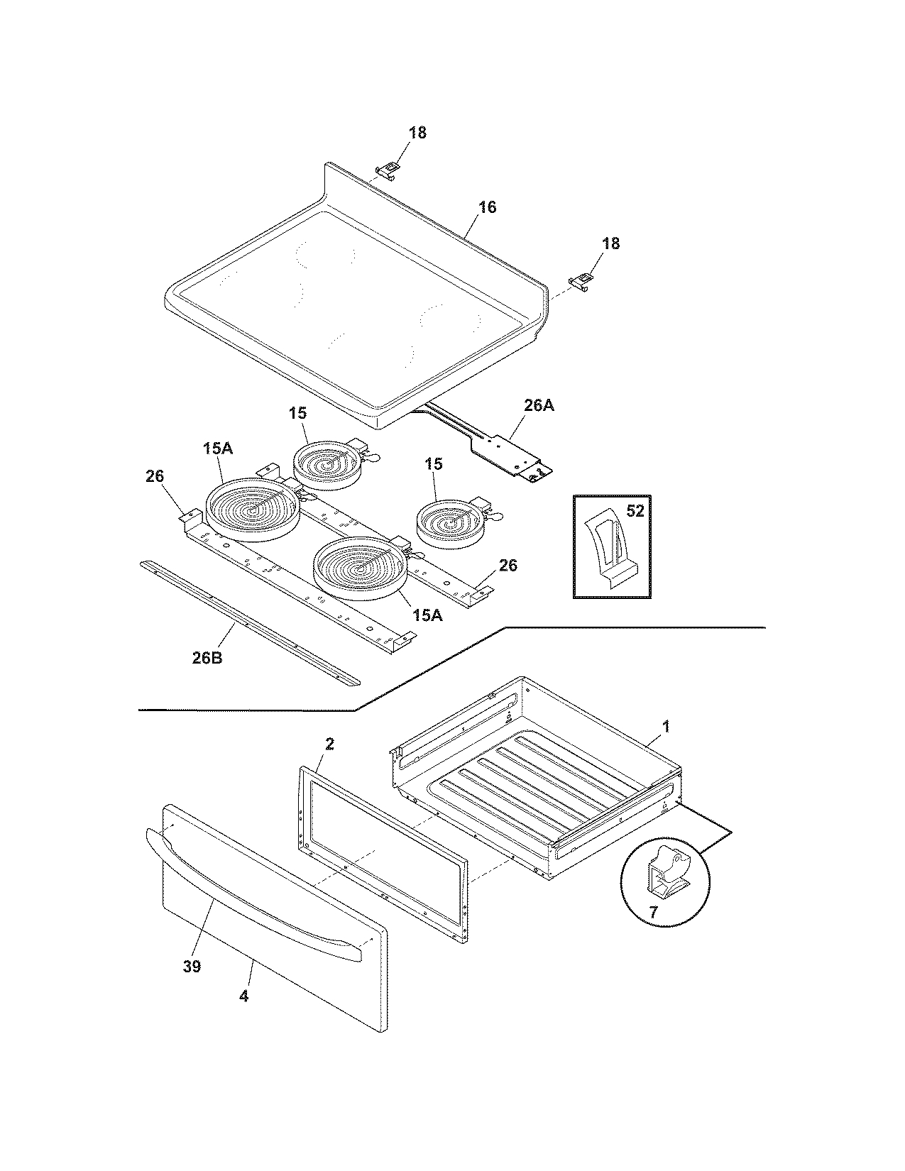 Frigidaire FEFB66ECF top/drawer diagram